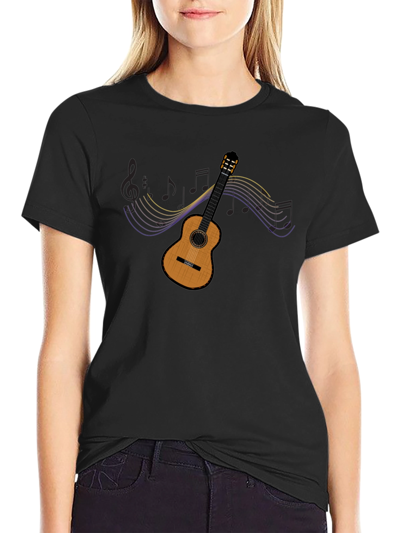 Guitar Music Notes Graphic Tee - Black