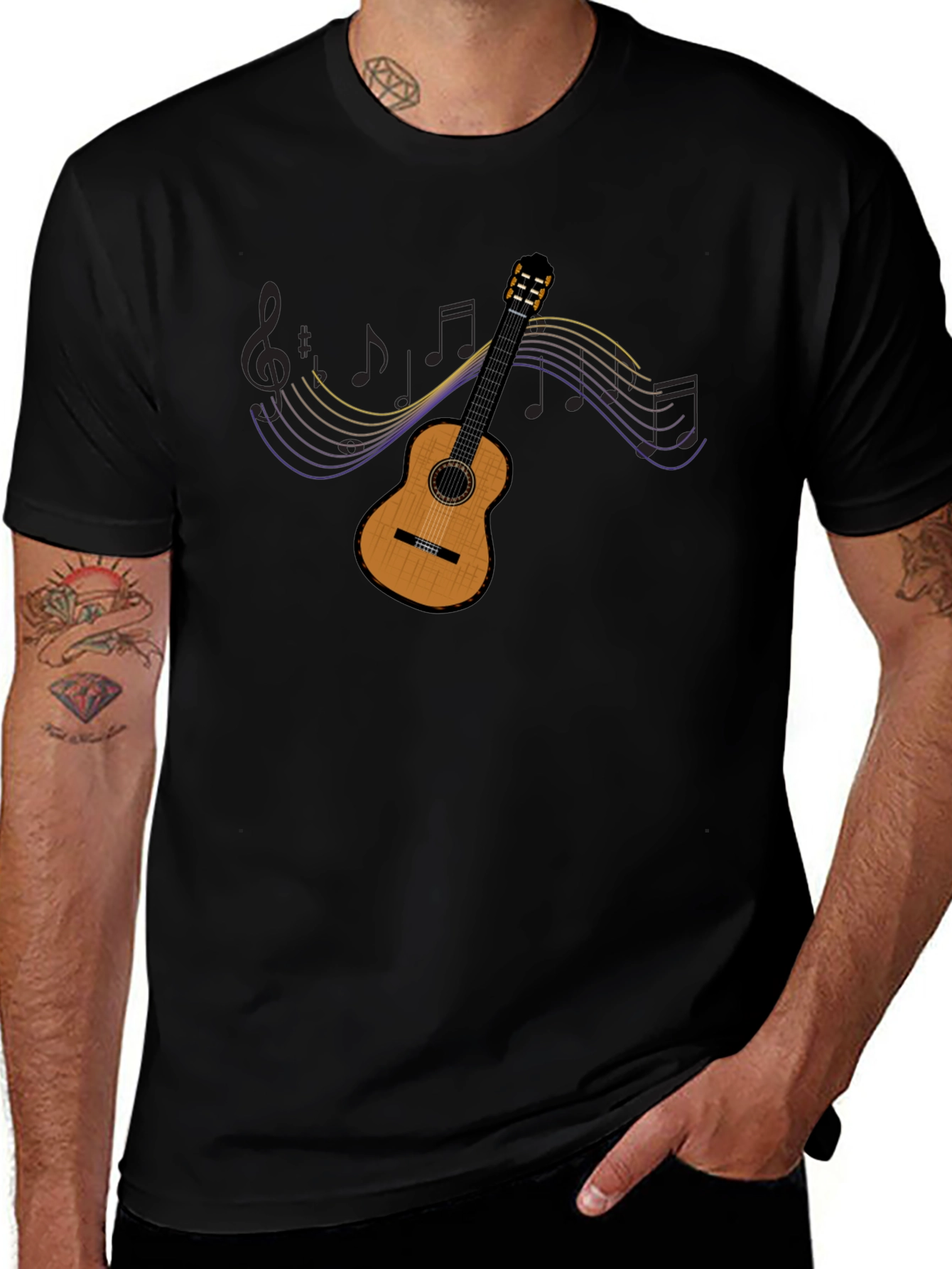 Guitar Music Notes Graphic Tee - Black