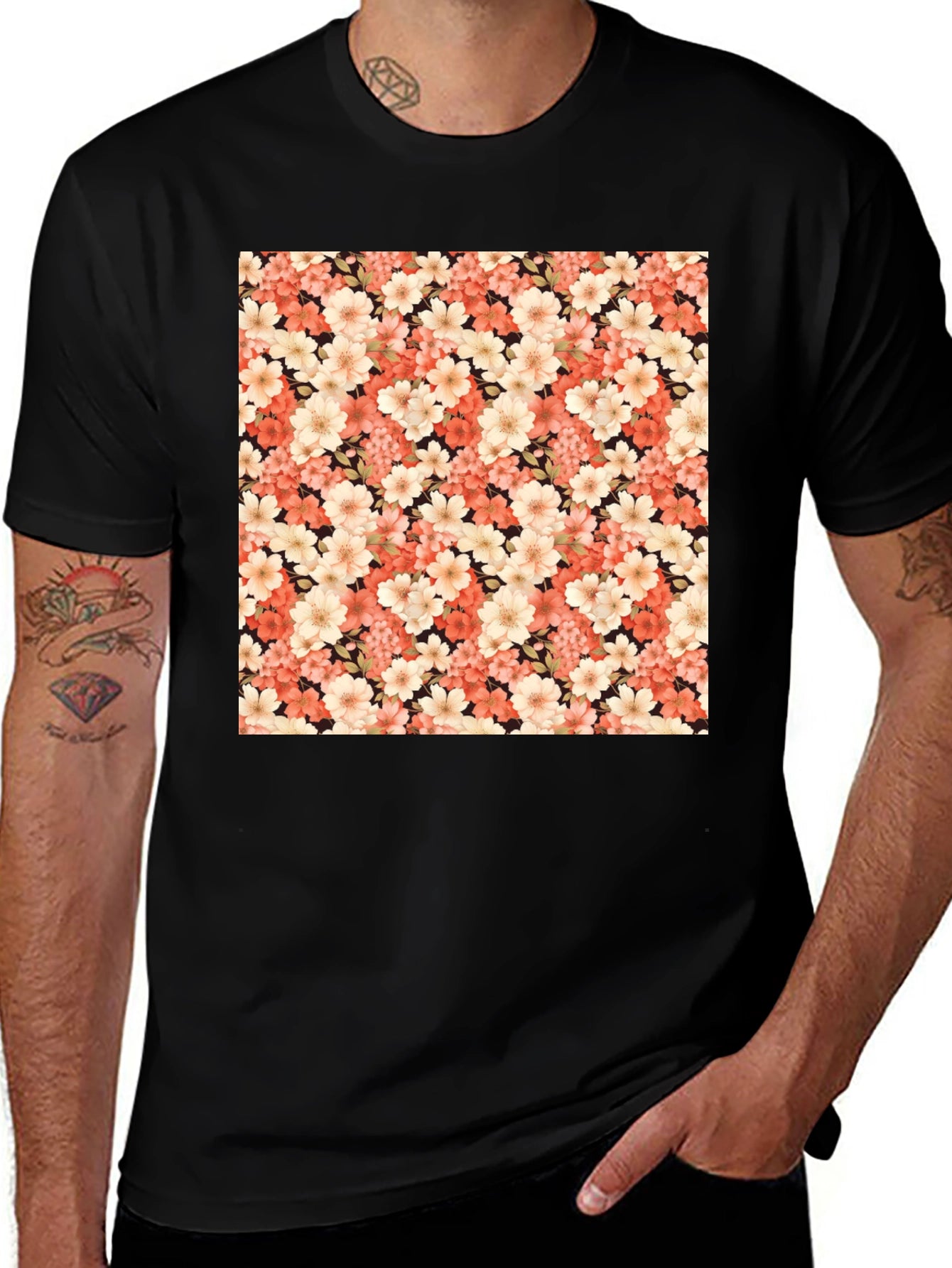 Floral Pattern Black T-Shirt