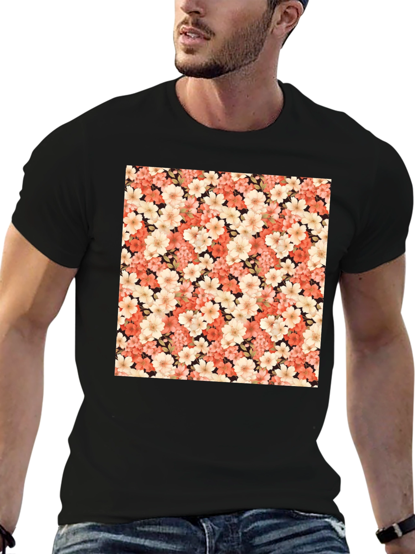 Floral Pattern Black T-Shirt