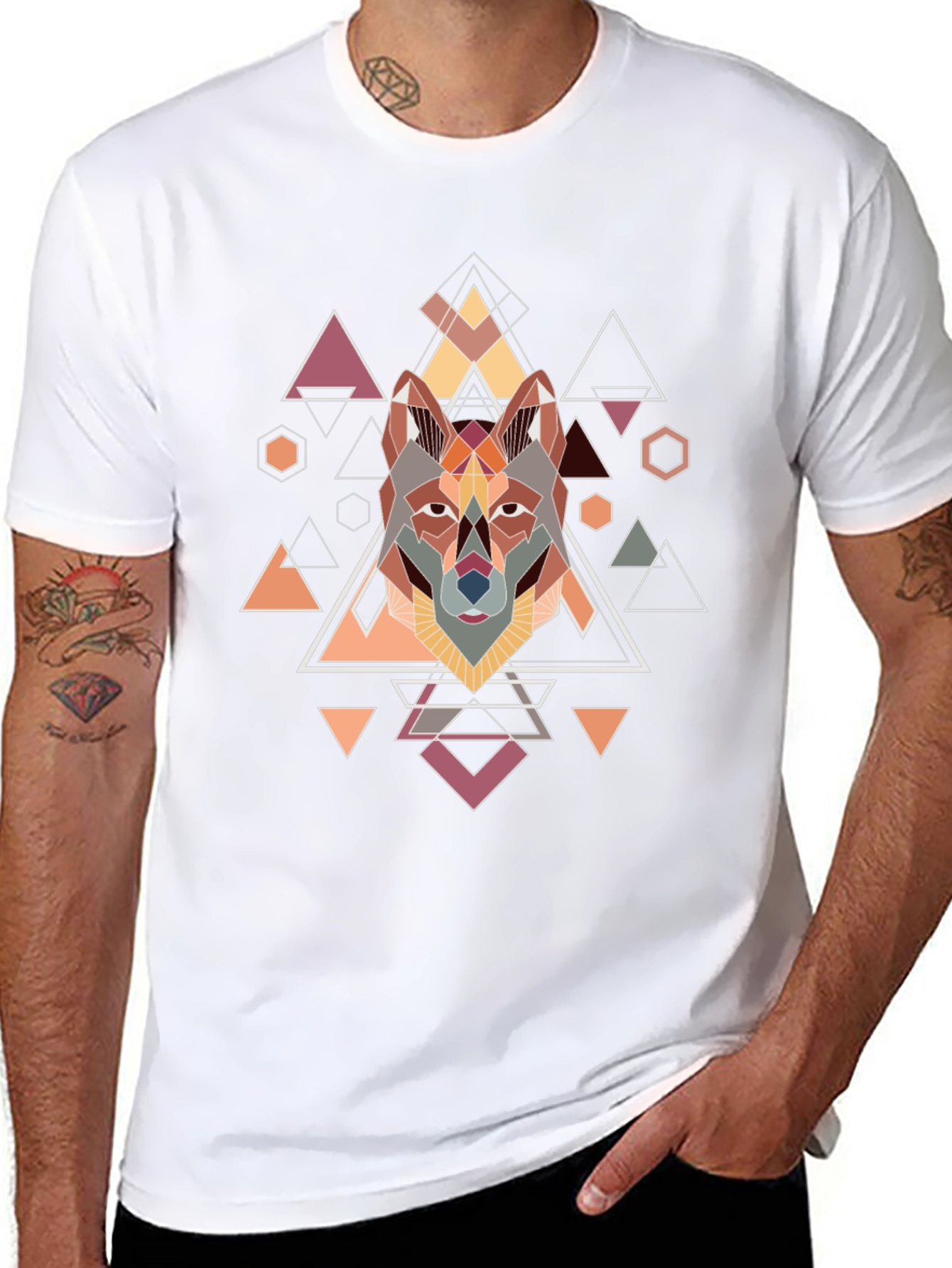 Geometric Wolf Graphic Black T-Shirt