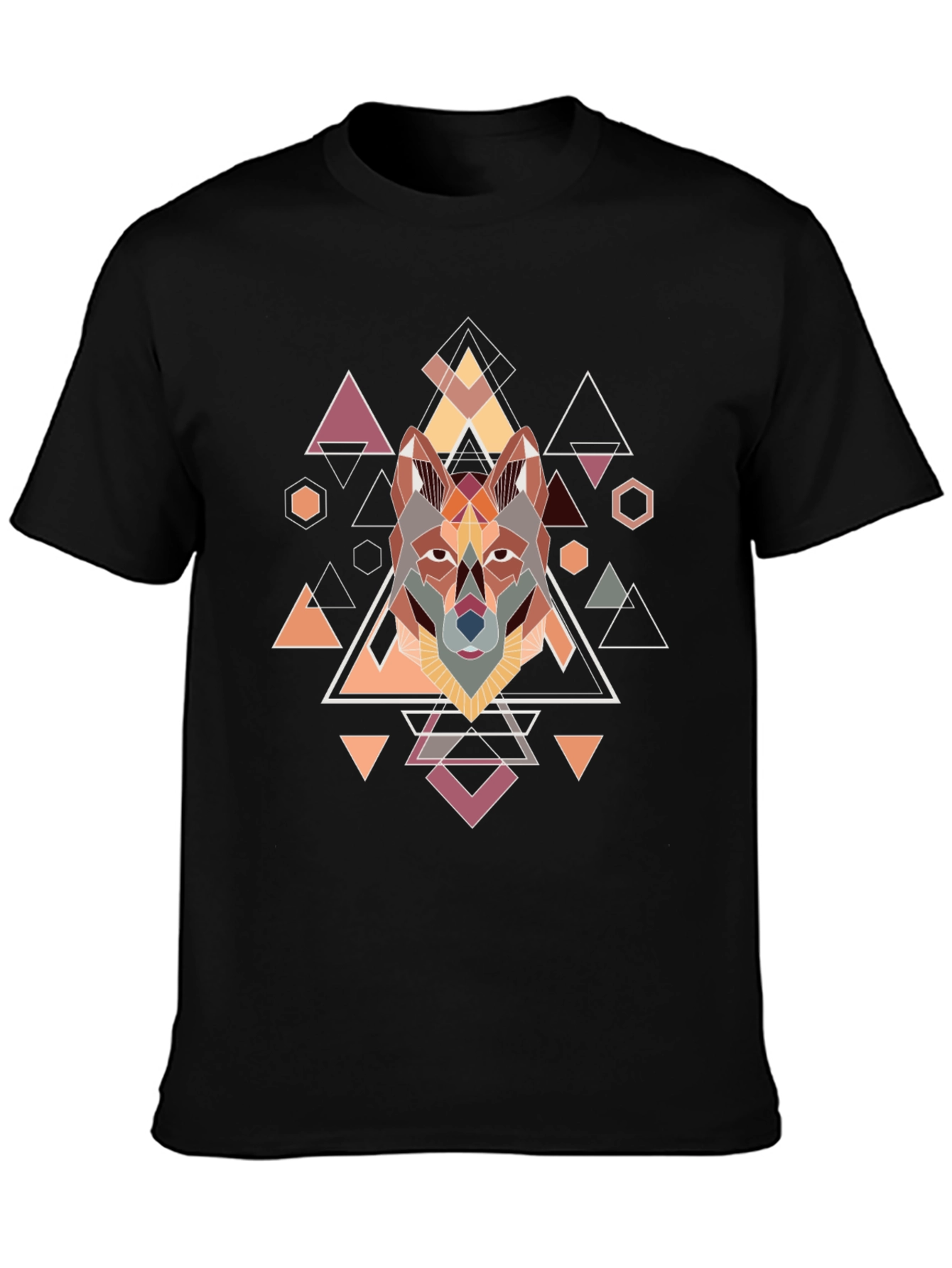 Geometric Wolf Graphic Black T-Shirt