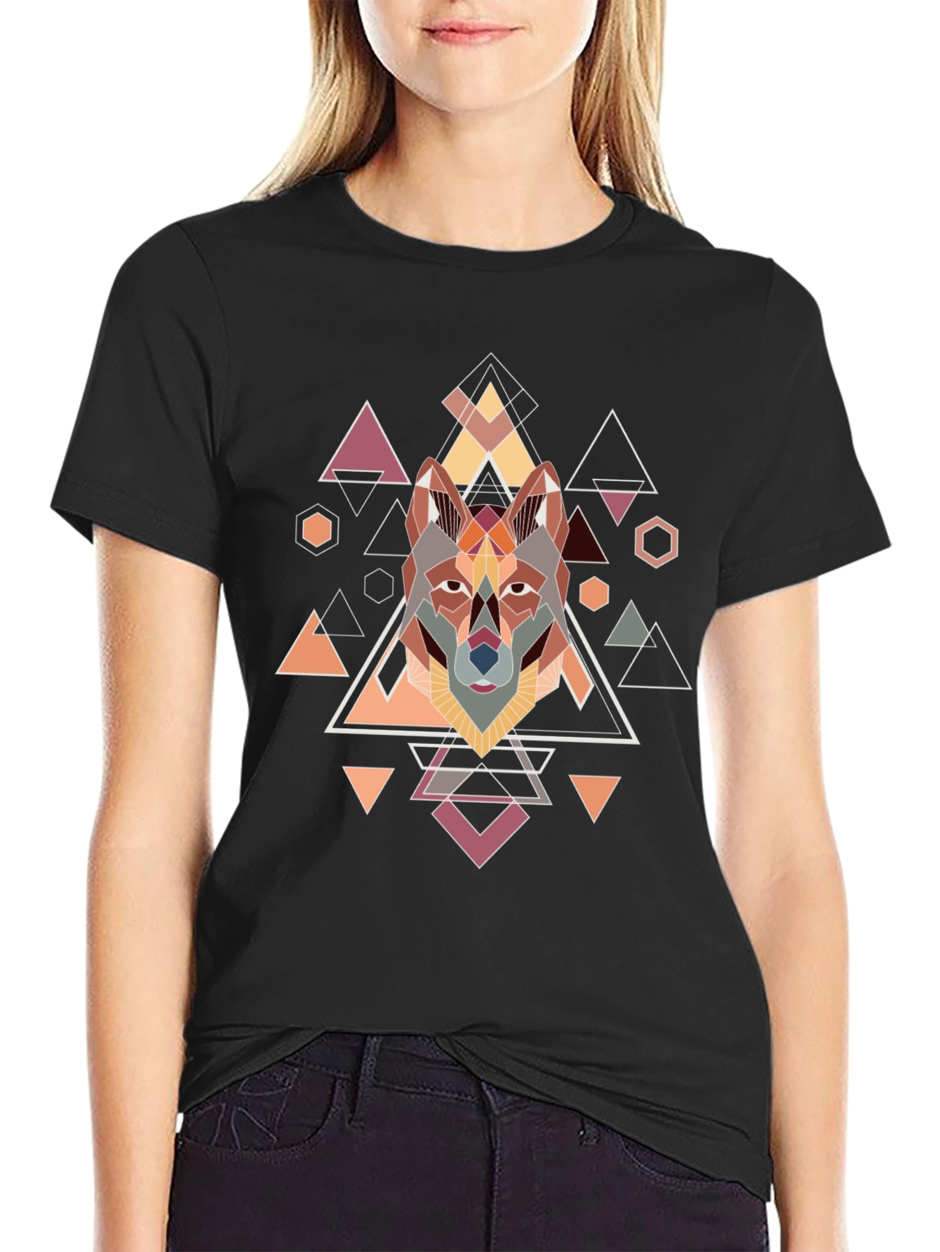 Geometric Wolf Graphic Black T-Shirt