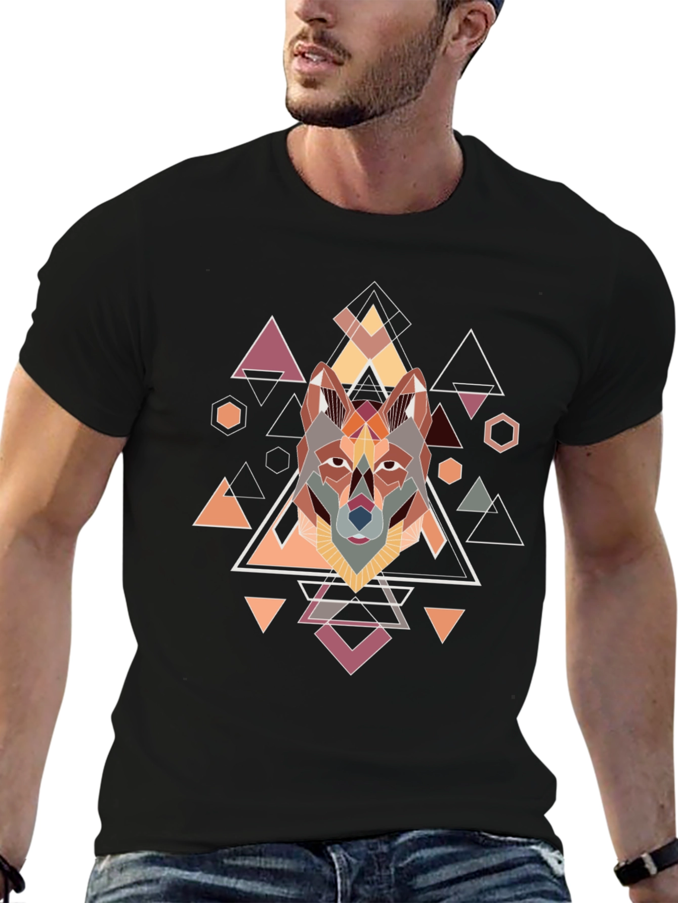 Geometric Wolf Graphic Black T-Shirt