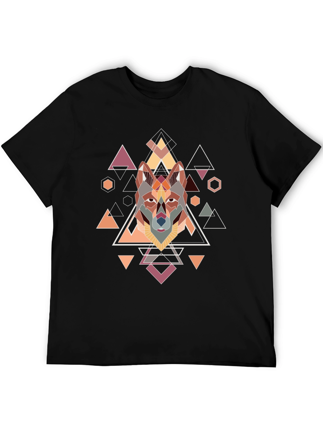 Geometric Wolf Graphic Black T-Shirt