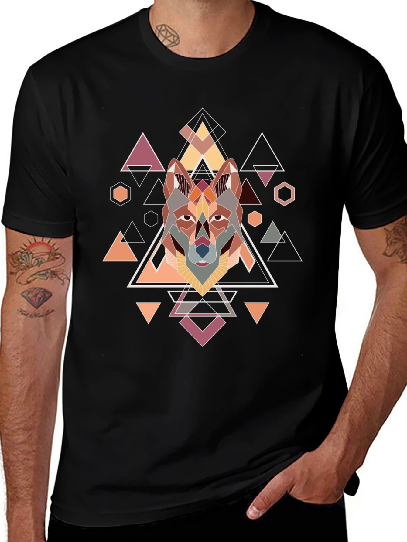 Geometric Wolf Graphic Black T-Shirt