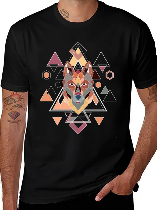 Geometric Wolf Graphic Black T-Shirt