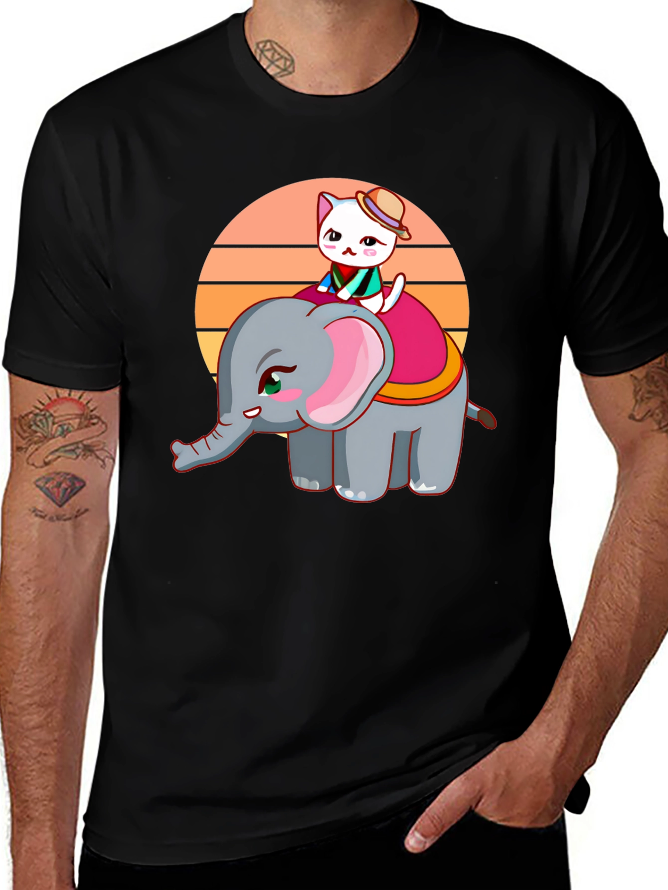 Cute Cartoon Elephant and Cat Graphic Tee