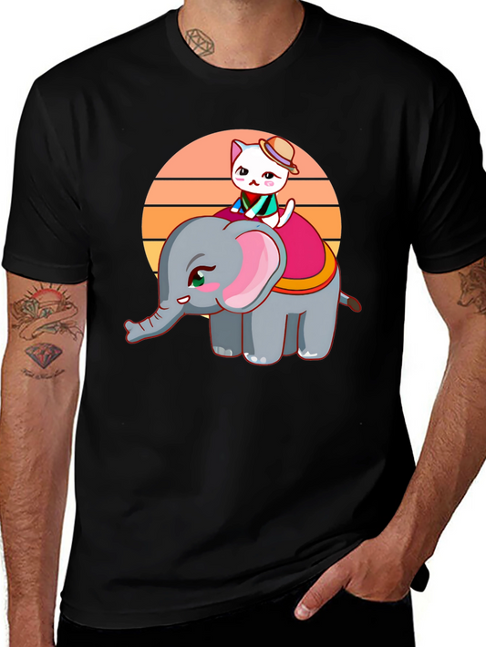 Cute Cartoon Elephant and Cat Graphic Tee