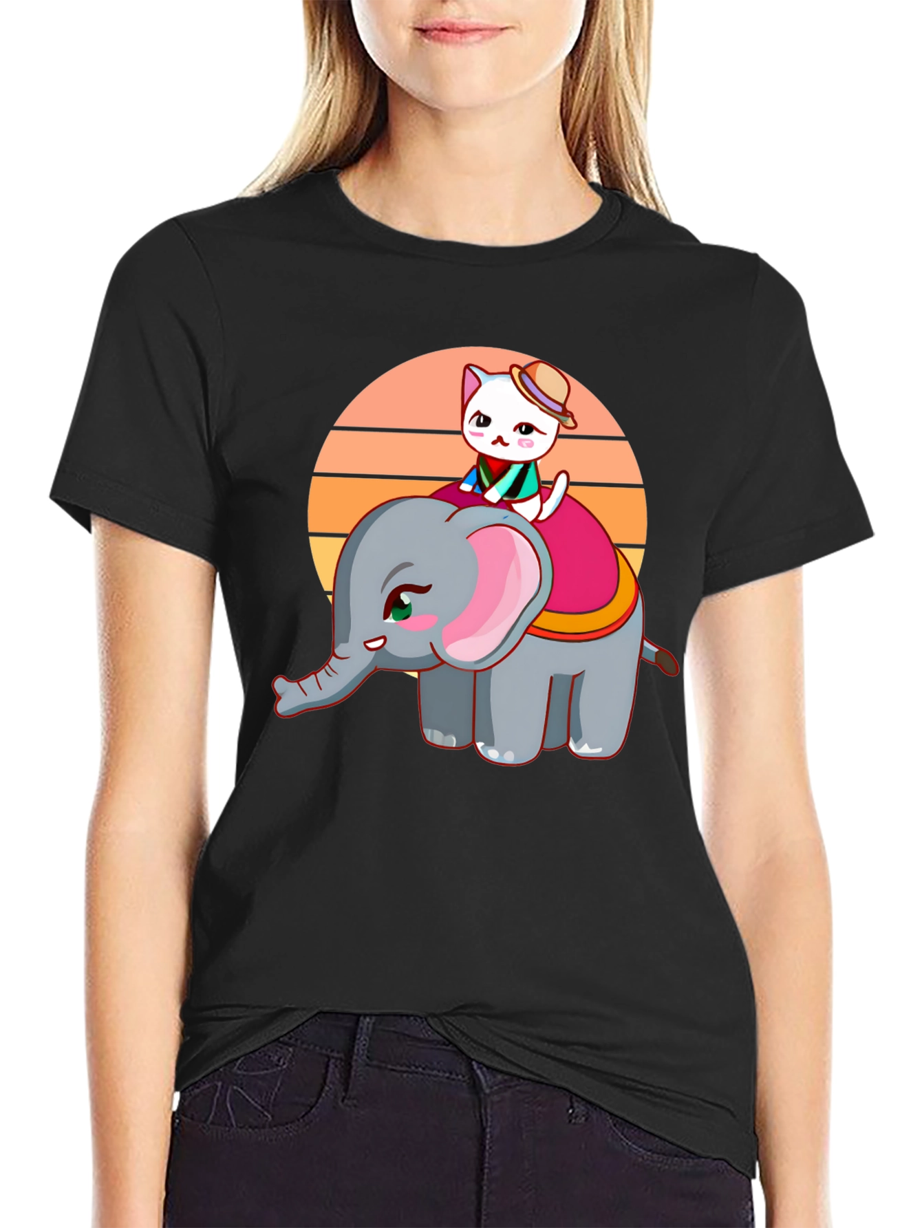 Cute Cartoon Elephant and Cat Graphic Tee