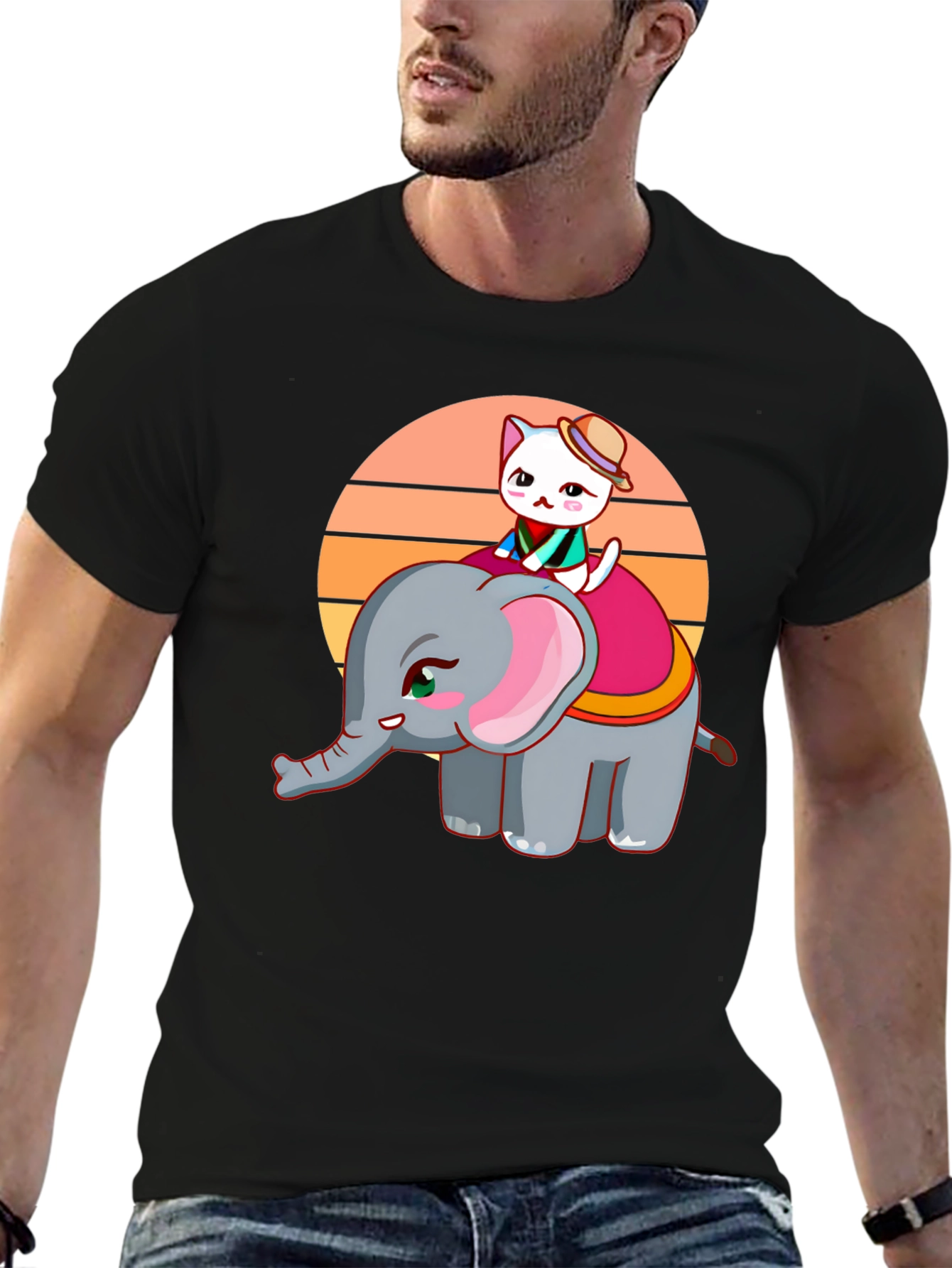 Cute Cartoon Elephant and Cat Graphic Tee