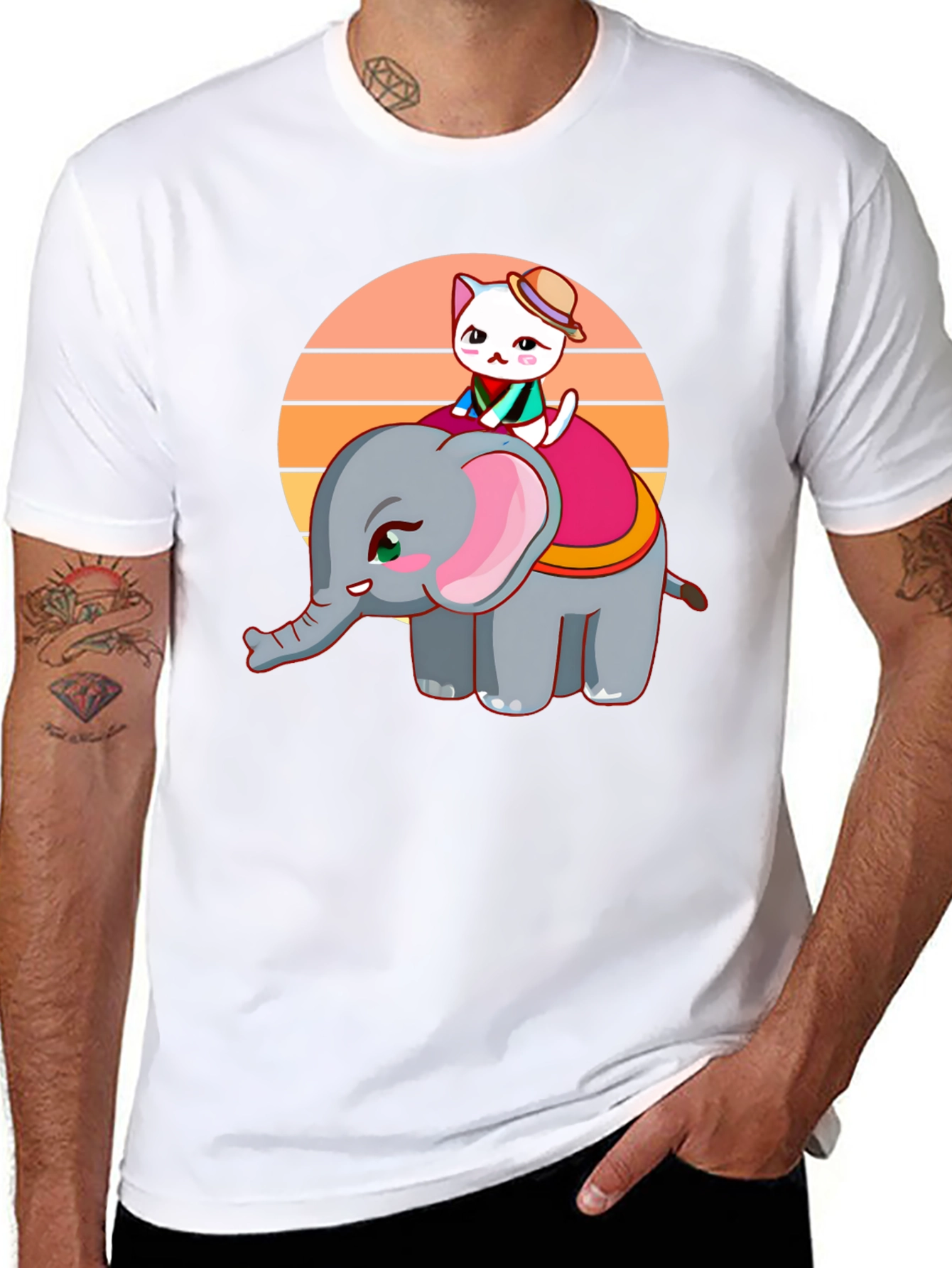 Cute Cartoon Elephant and Cat Graphic Tee