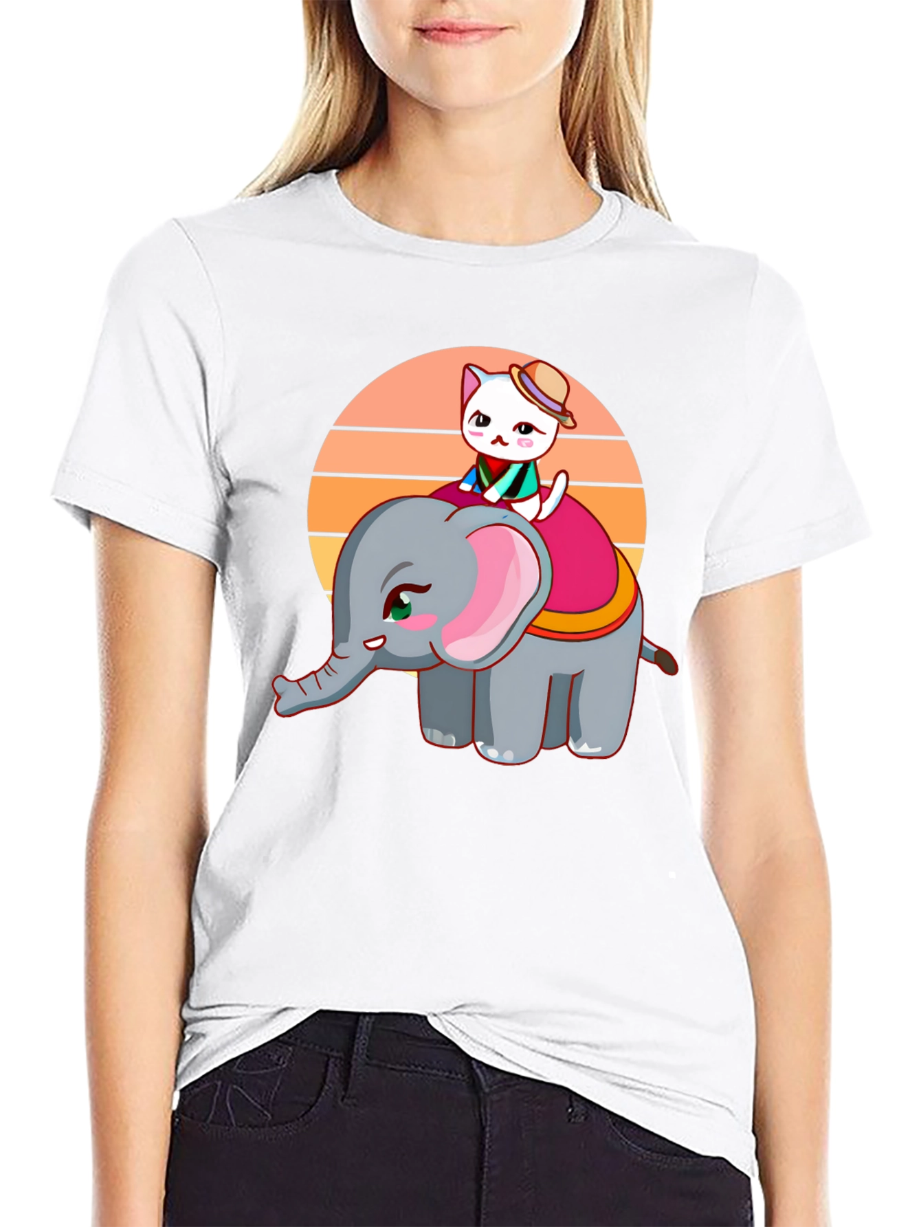 Cute Cartoon Elephant and Cat Graphic Tee