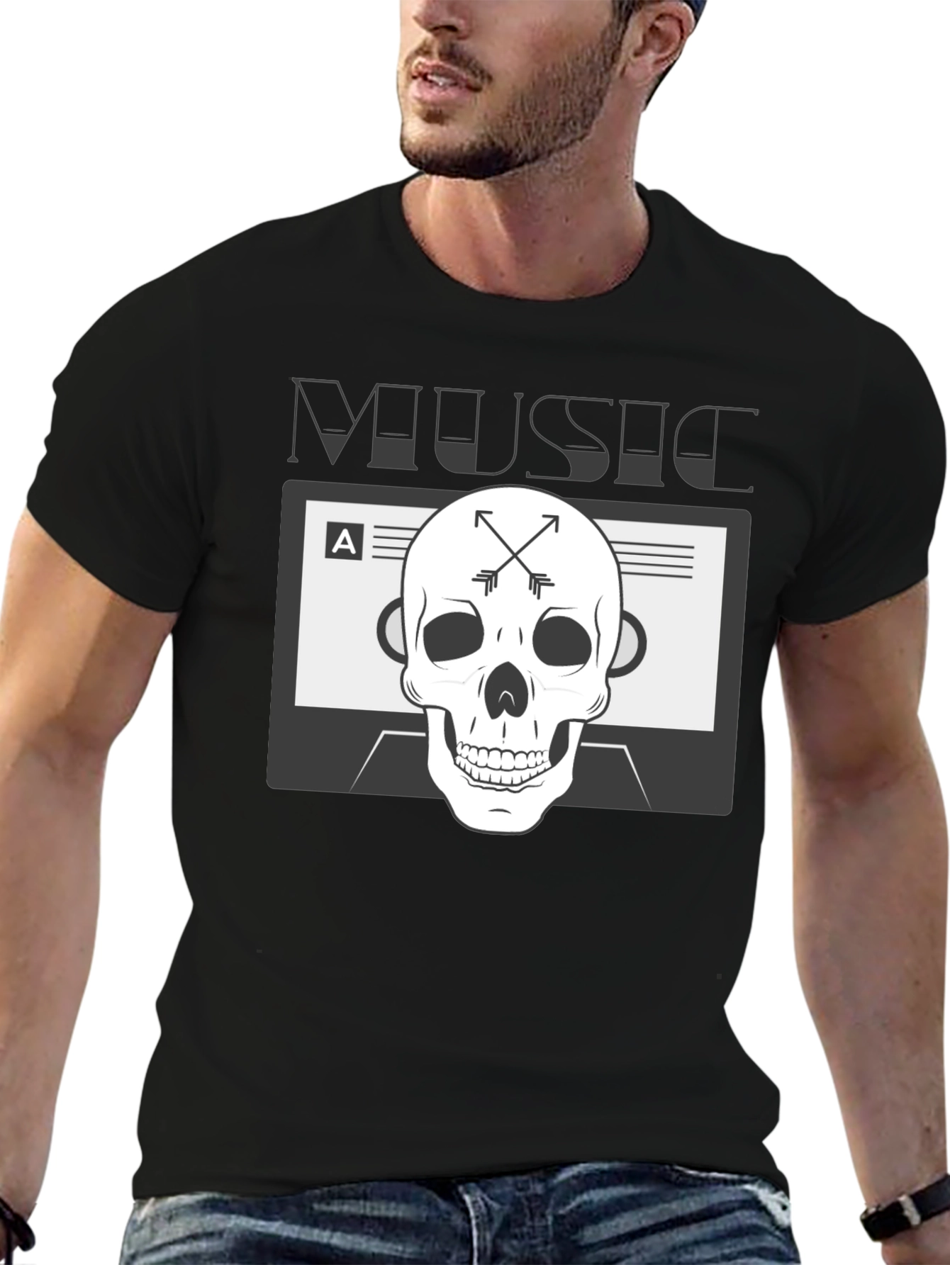 Music Skull Graphic Tee - Black Cotton Blend T-Shirt