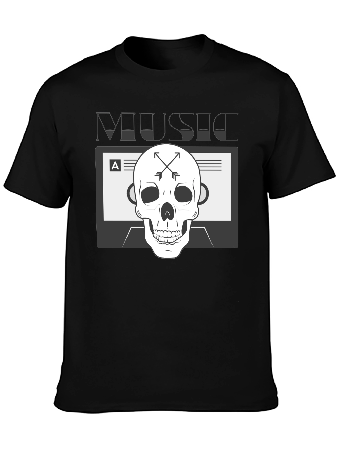 Music Skull Graphic Tee - Black Cotton Blend T-Shirt