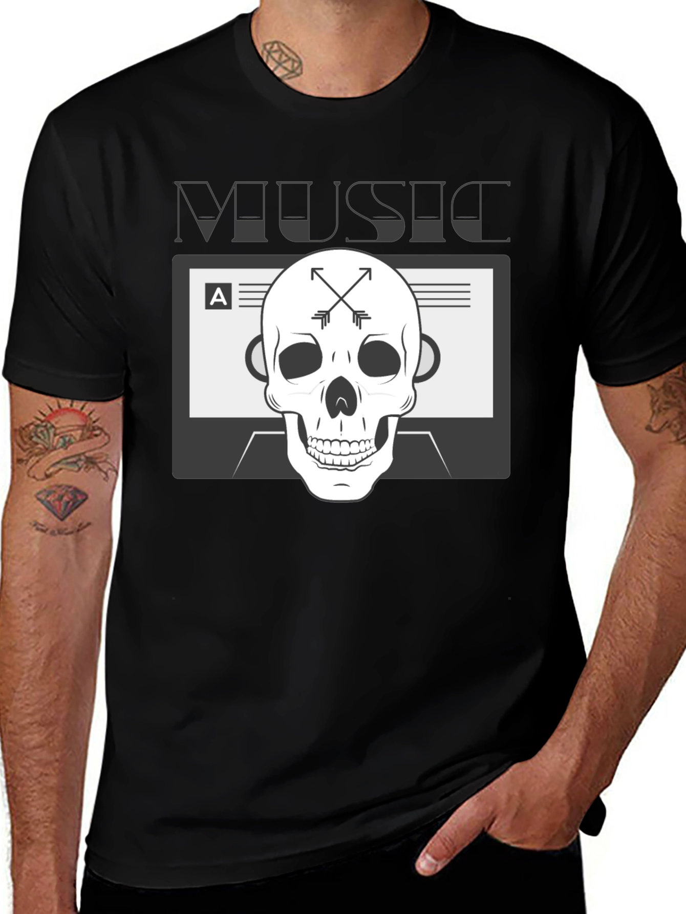 Music Skull Graphic Tee - Black Cotton Blend T-Shirt