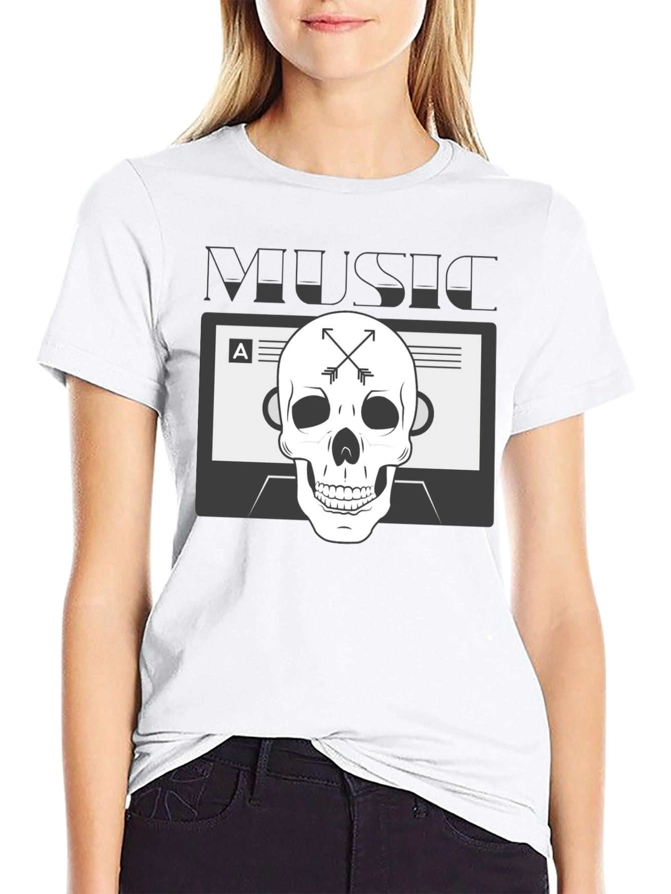 Music Skull Graphic Tee - Black Cotton Blend T-Shirt