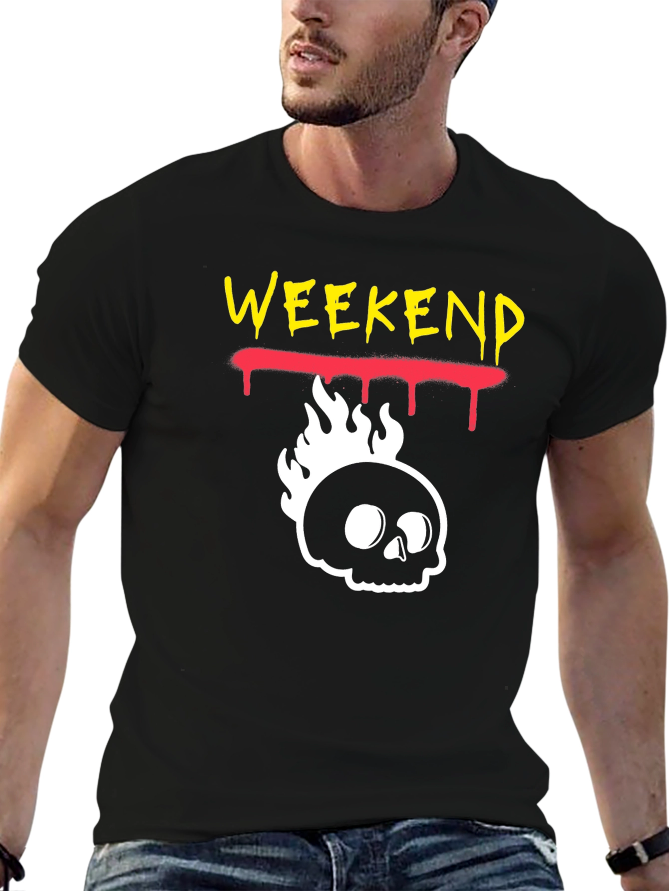Weekend Skull Flame Graphic Tee - Black