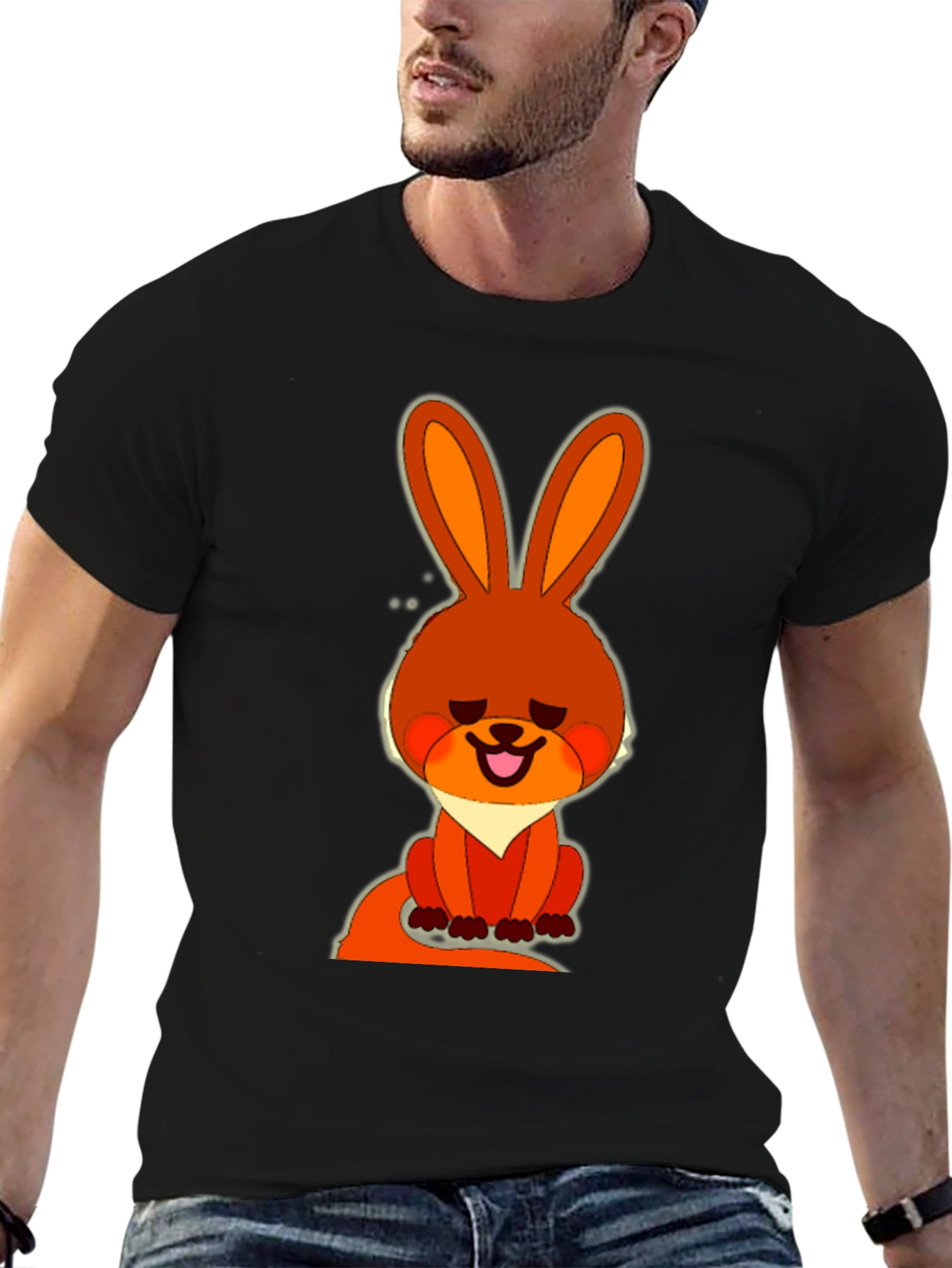 Cute Cartoon Rabbit Graphic Tee - Casual Black T-Shirt