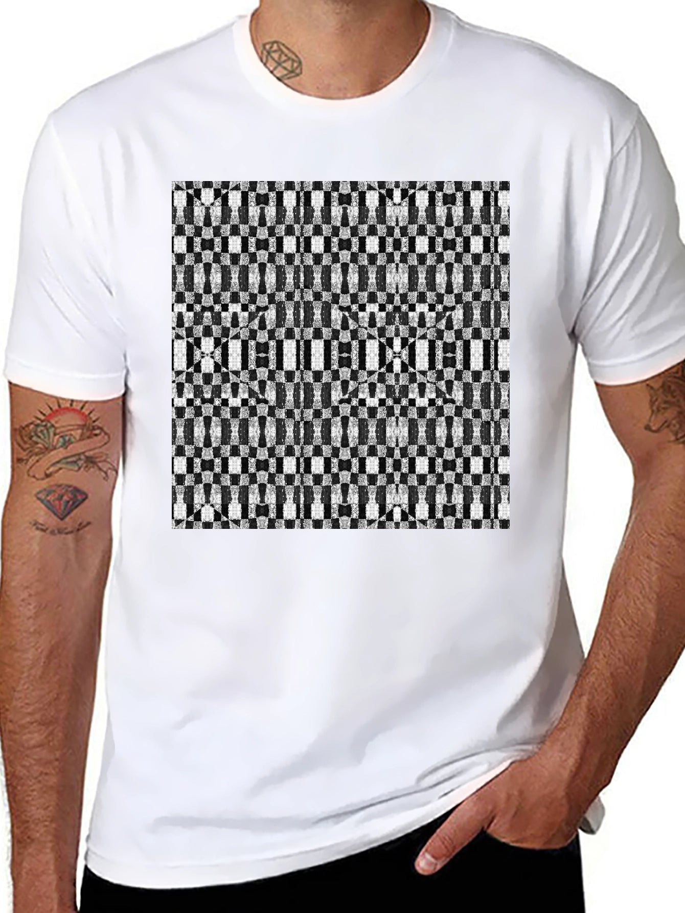 Geometric Checkerboard T-Shirt - Stylish Black Tee