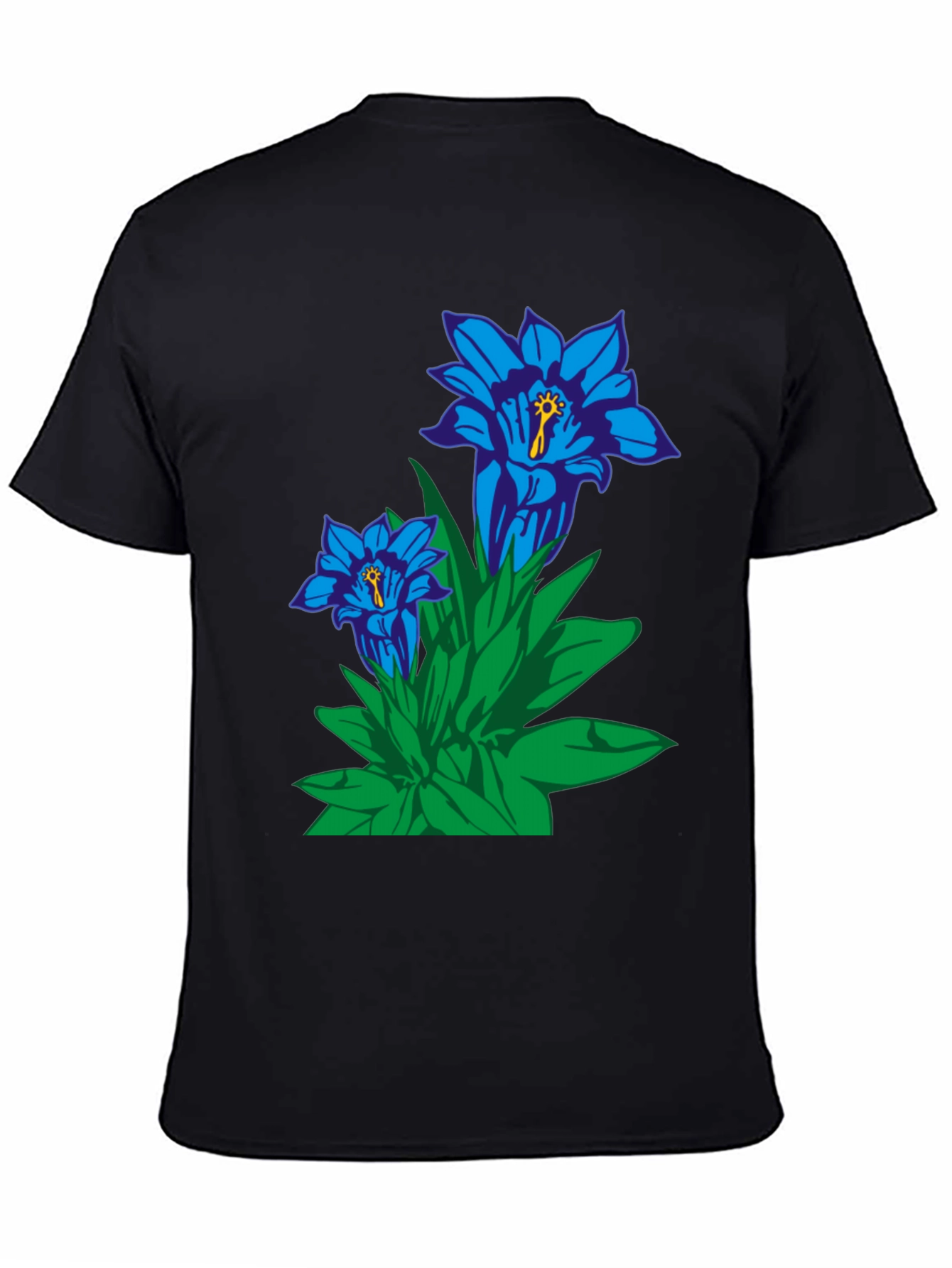 Floral Graphic Tee - Gentian Flowers Black Cotton