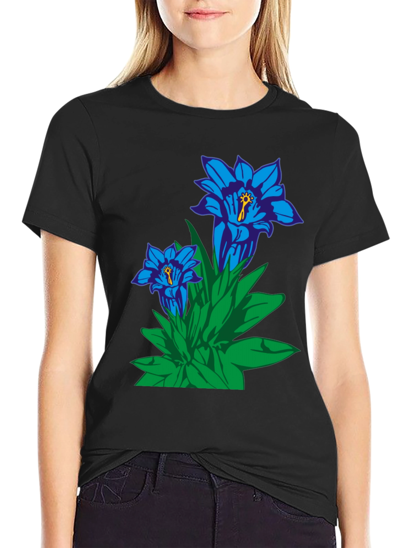 Floral Graphic Tee - Gentian Flowers Black Cotton