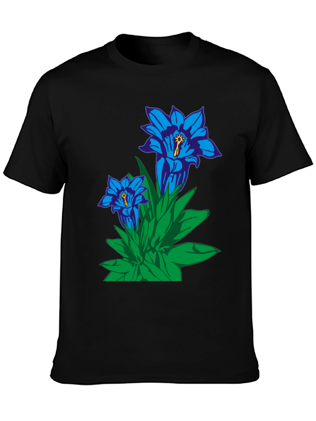 Floral Graphic Tee - Gentian Flowers Black Cotton