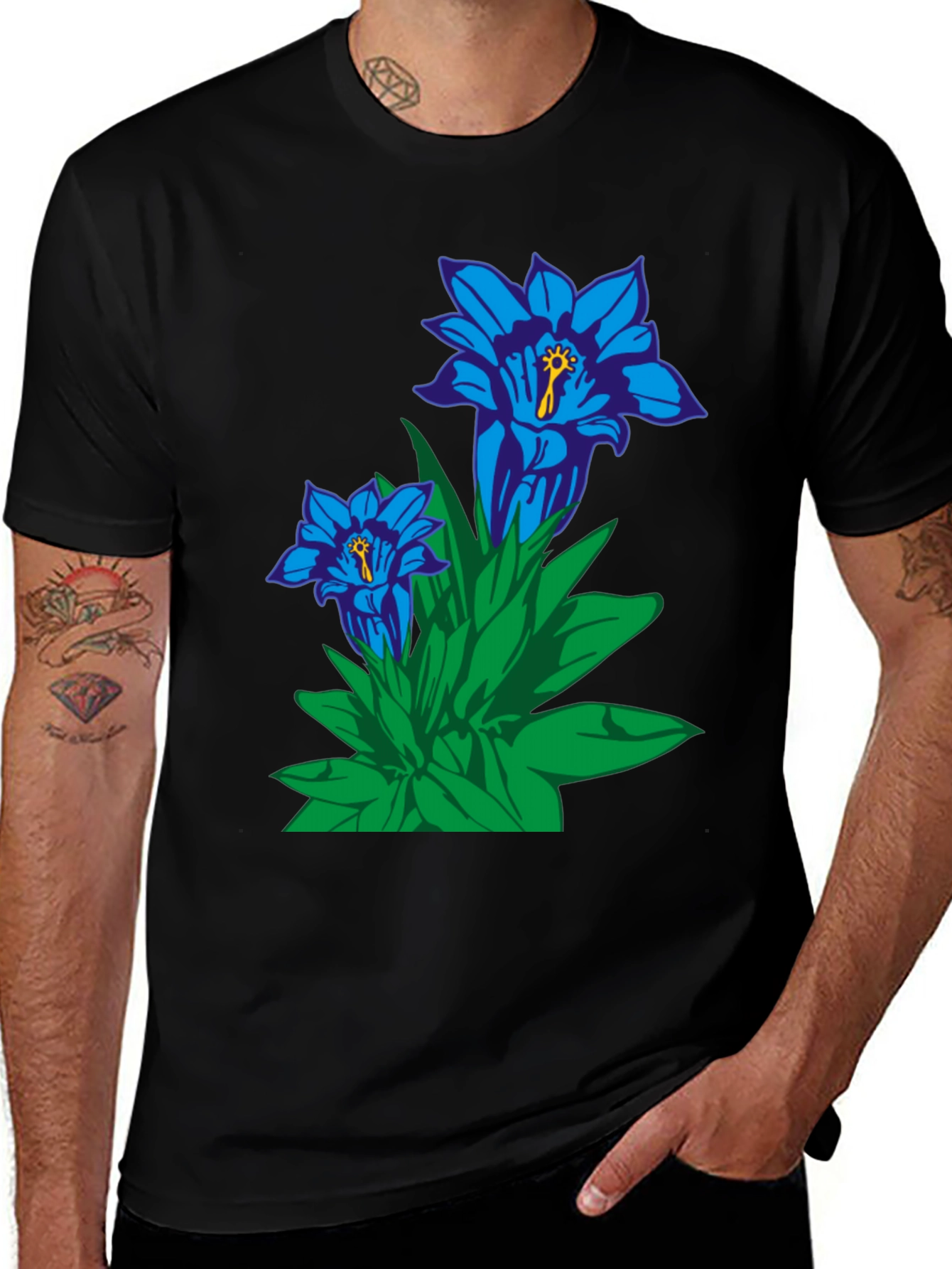 Floral Graphic Tee - Gentian Flowers Black Cotton