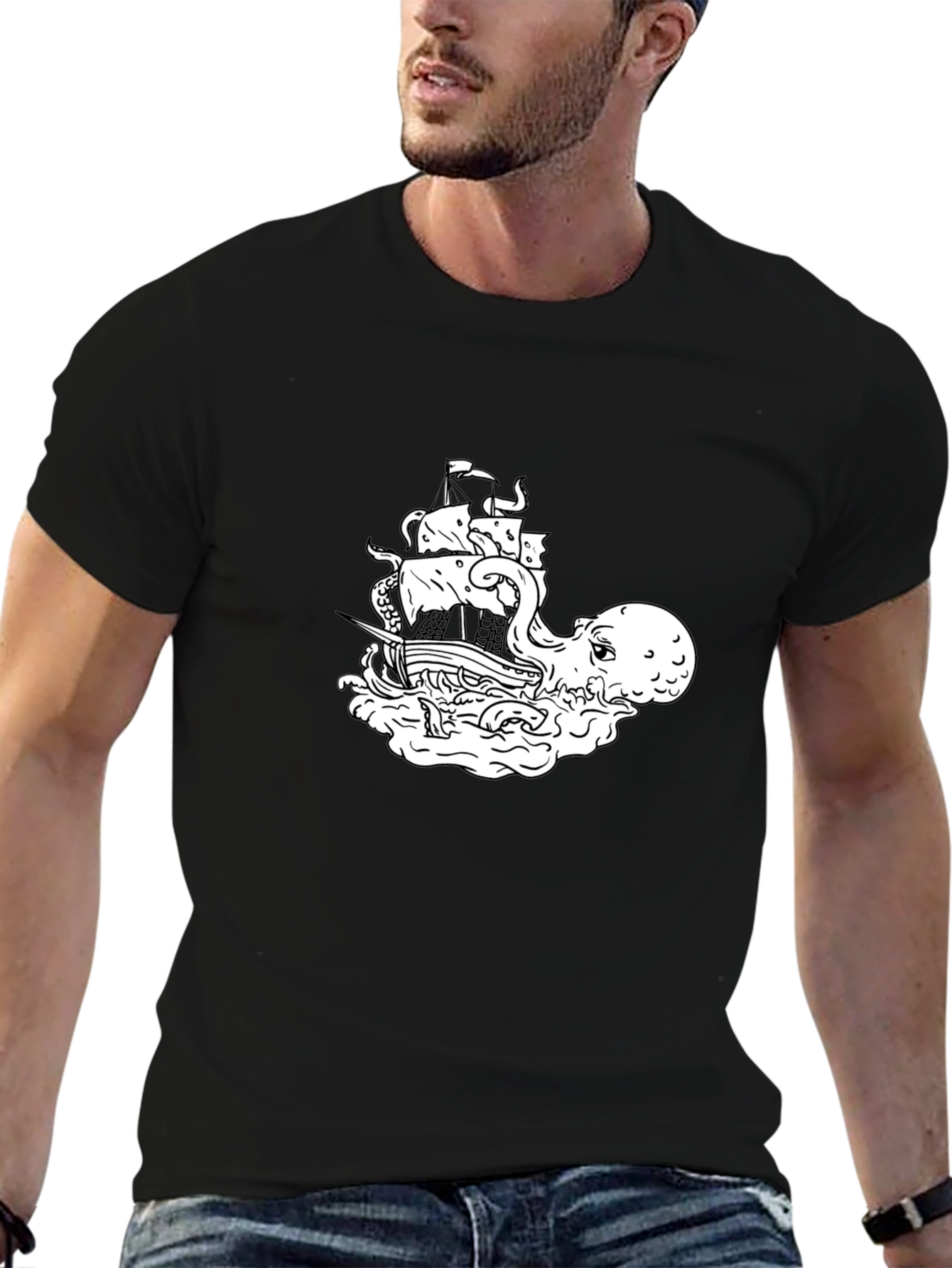 Octopus vs Ship Graphic T-Shirt