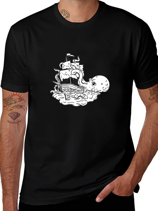 Octopus vs Ship Graphic T-Shirt