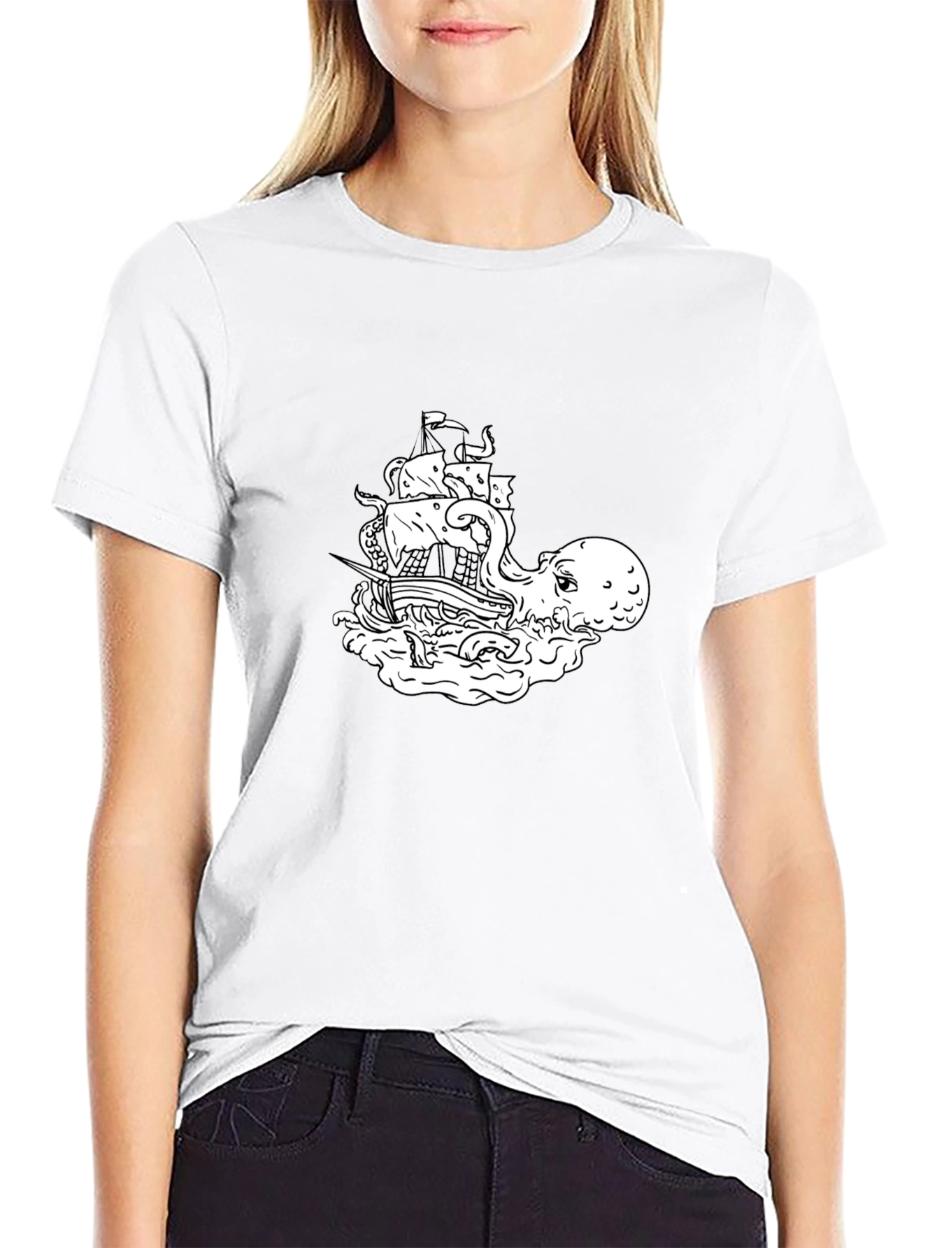 Octopus vs Ship Graphic T-Shirt