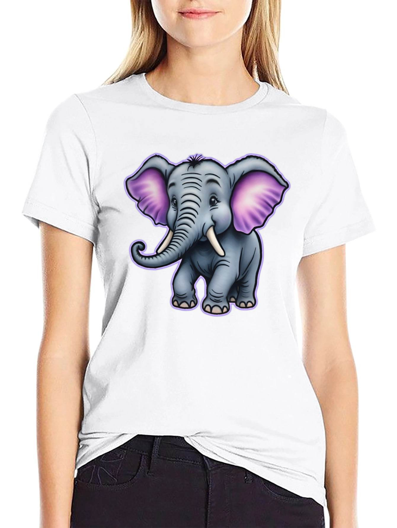 Cute Cartoon Elephant Graphic Tee - Black