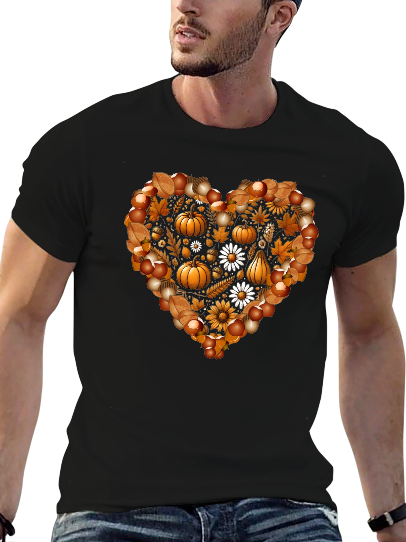 Fall Heart T-Shirt - Pumpkin & Floral Design
