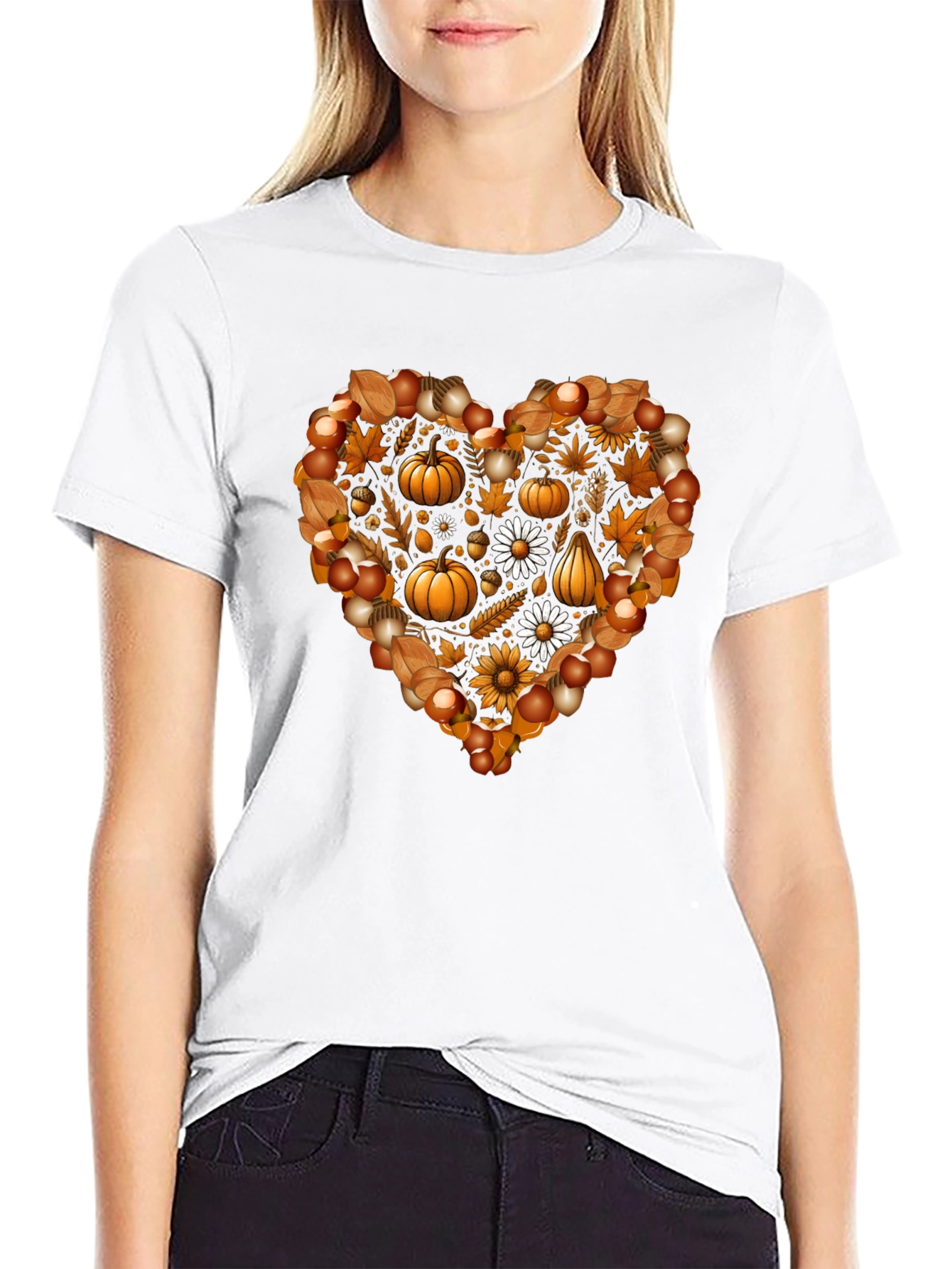 Fall Heart T-Shirt - Pumpkin & Floral Design