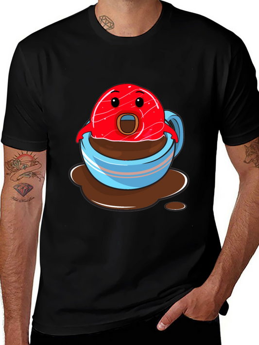 Funny Cartoon Donut in Coffee Cup Graphic T-Shirt