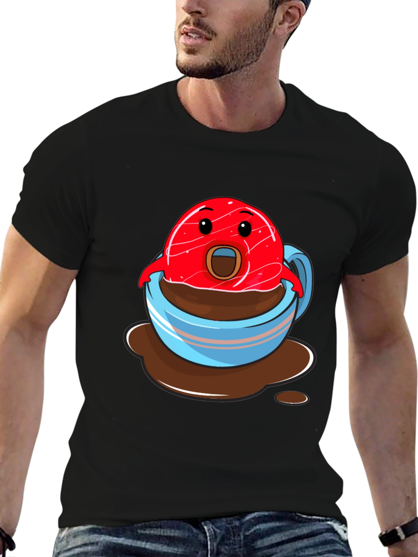Funny Cartoon Donut in Coffee Cup Graphic T-Shirt