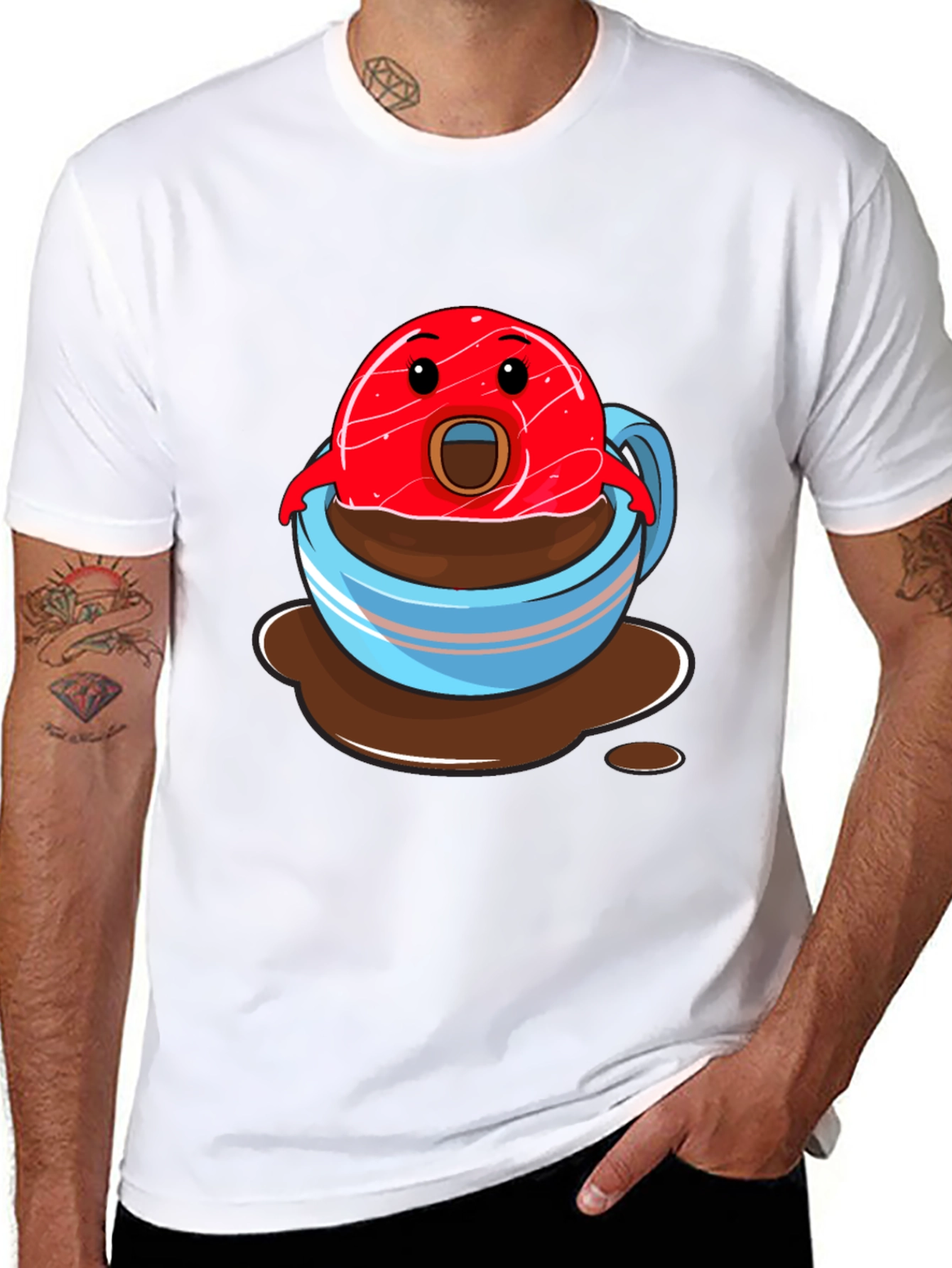 Funny Cartoon Donut in Coffee Cup Graphic T-Shirt