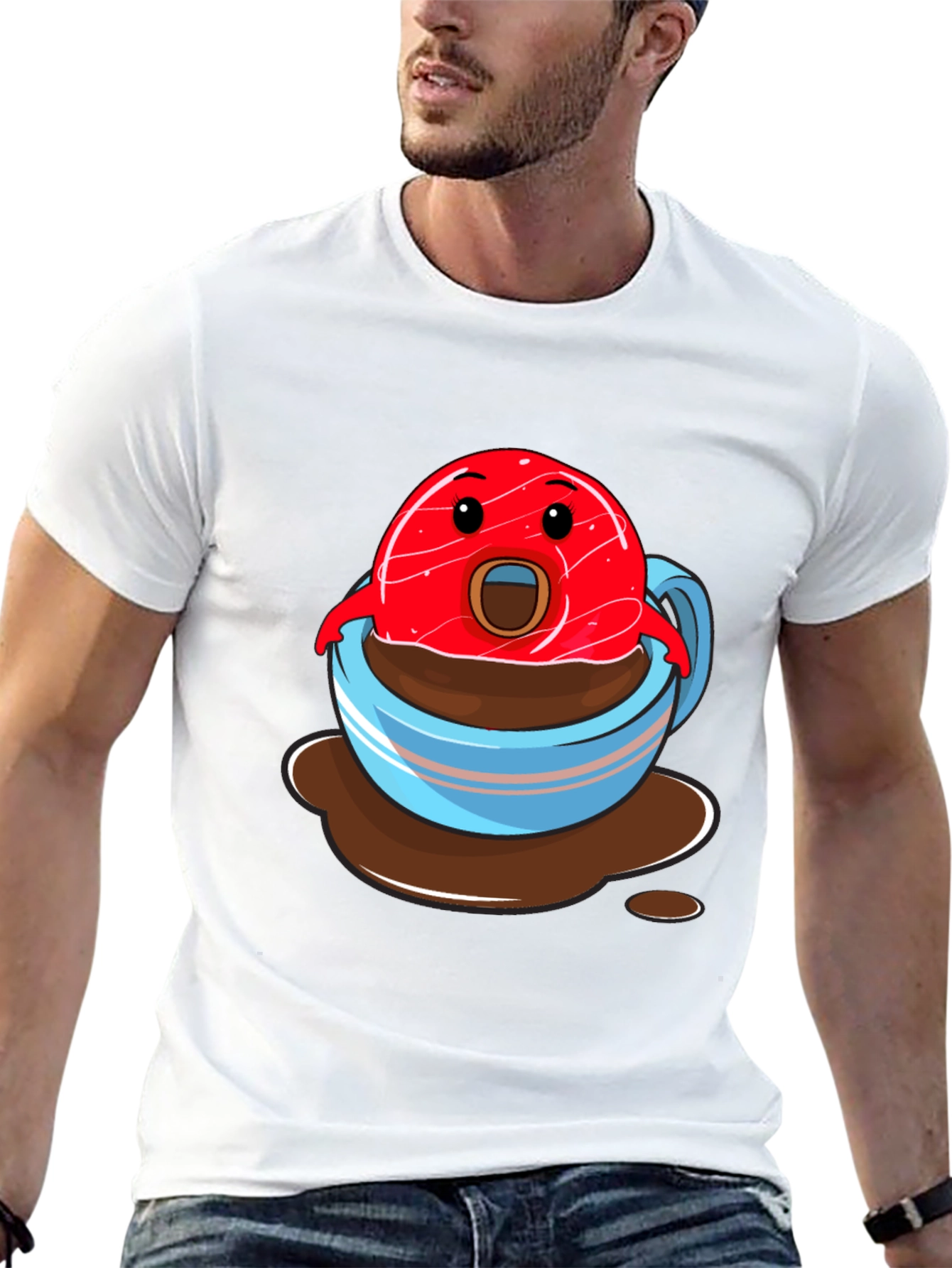 Funny Cartoon Donut in Coffee Cup Graphic T-Shirt