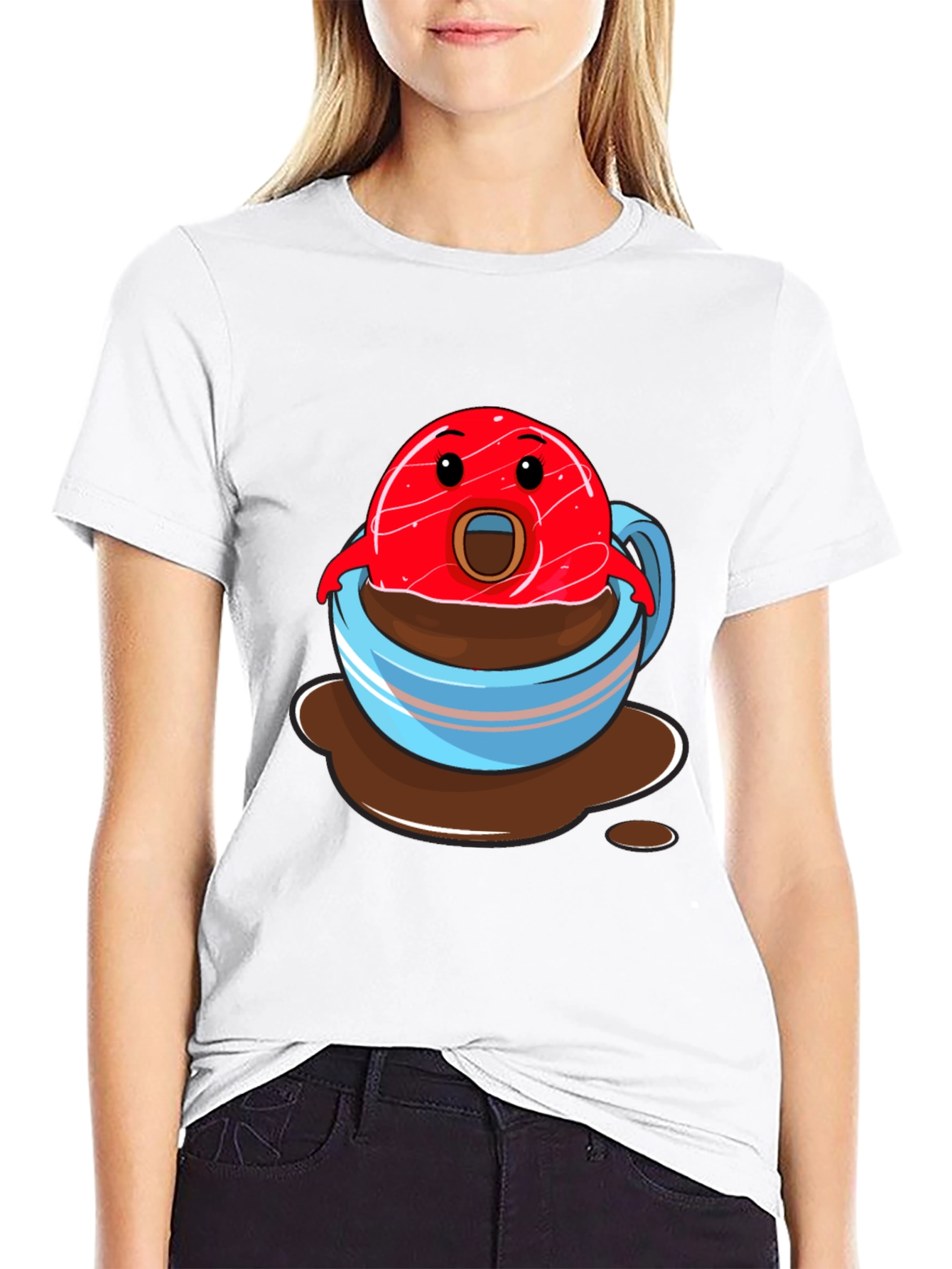 Funny Cartoon Donut in Coffee Cup Graphic T-Shirt
