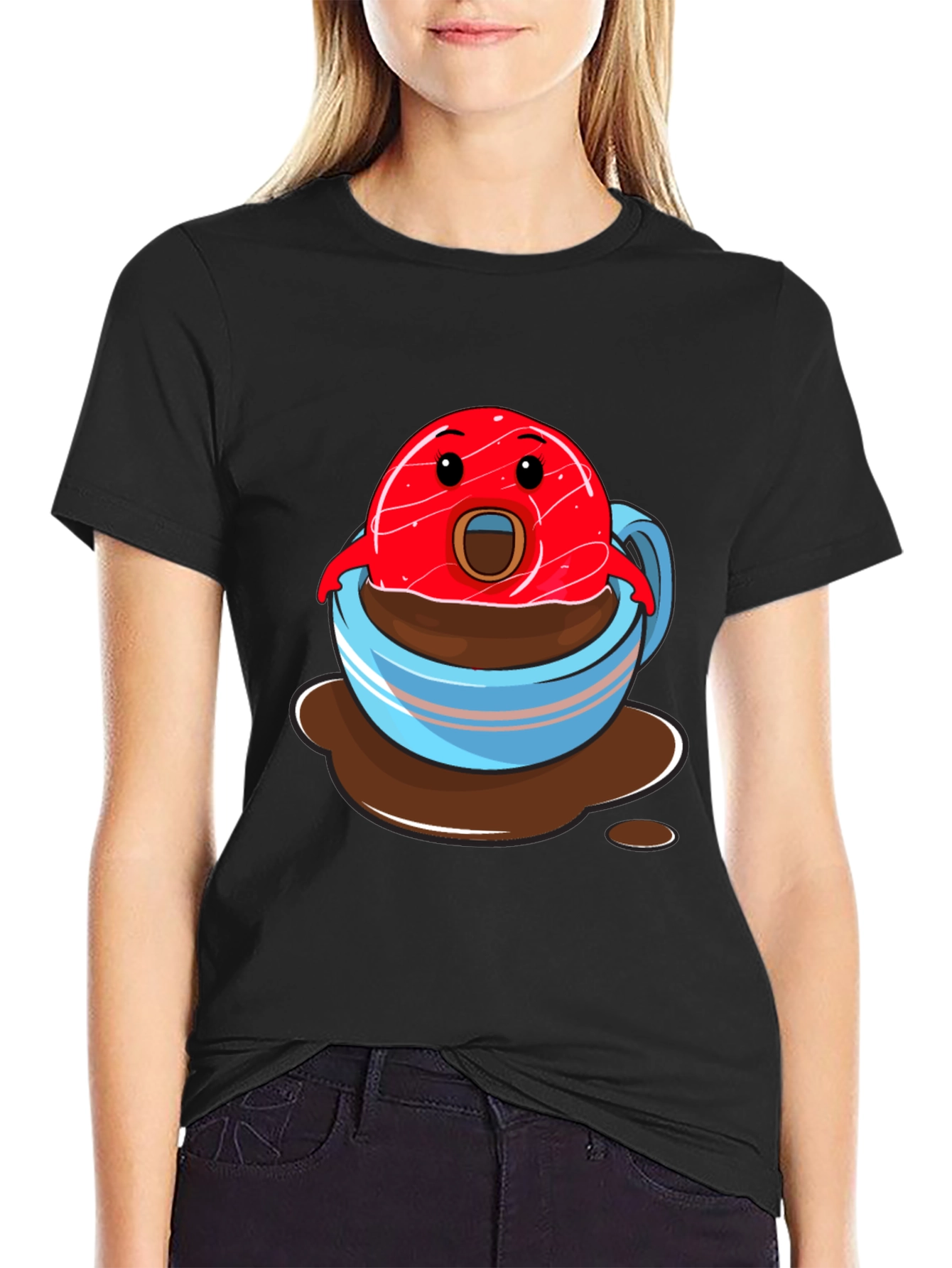 Funny Cartoon Donut in Coffee Cup Graphic T-Shirt