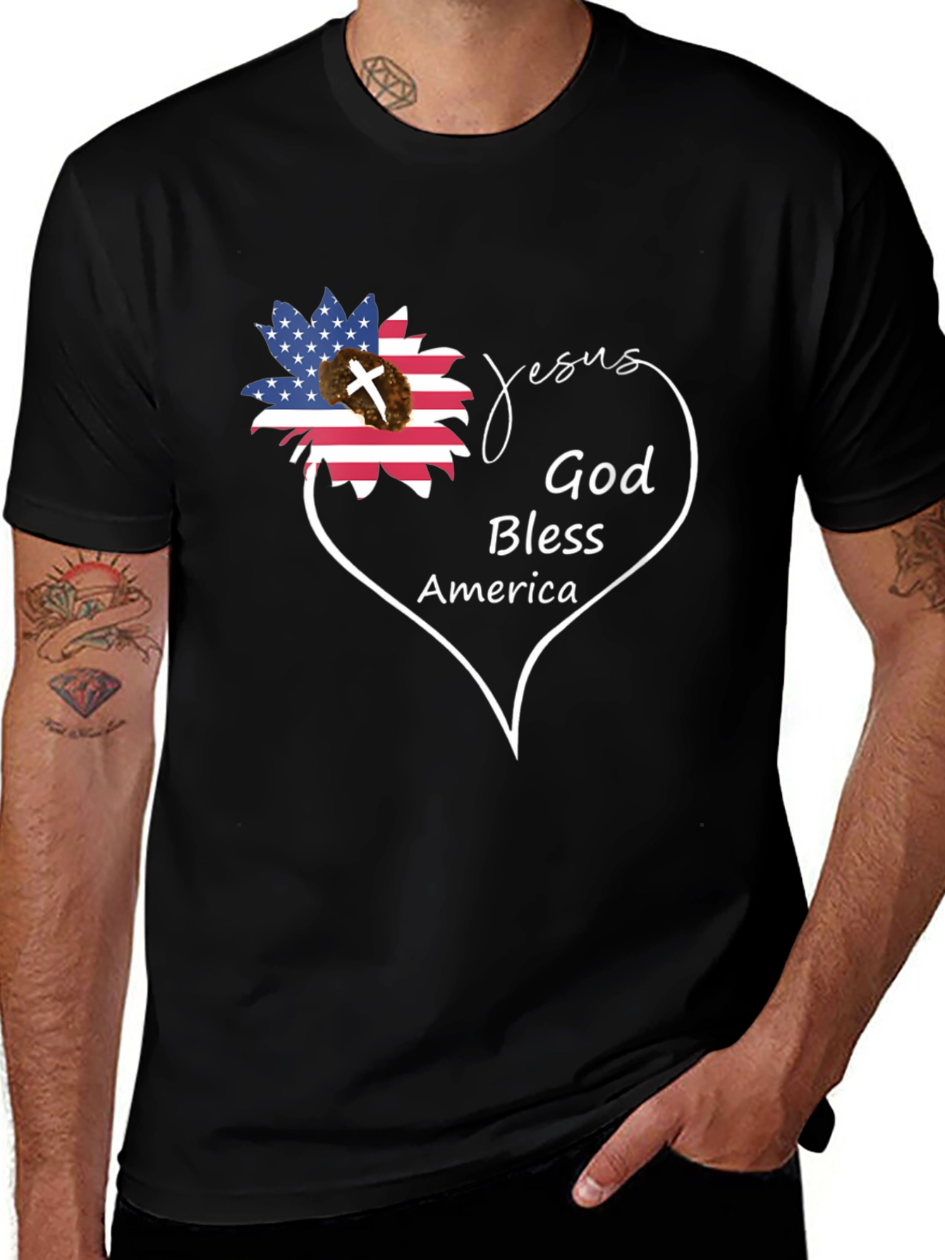 Jesus God Bless America Black Graphic T-Shirt