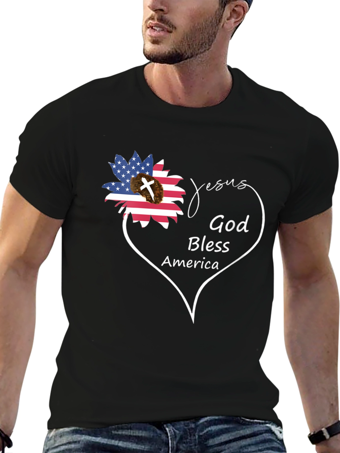 Jesus God Bless America Black Graphic T-Shirt