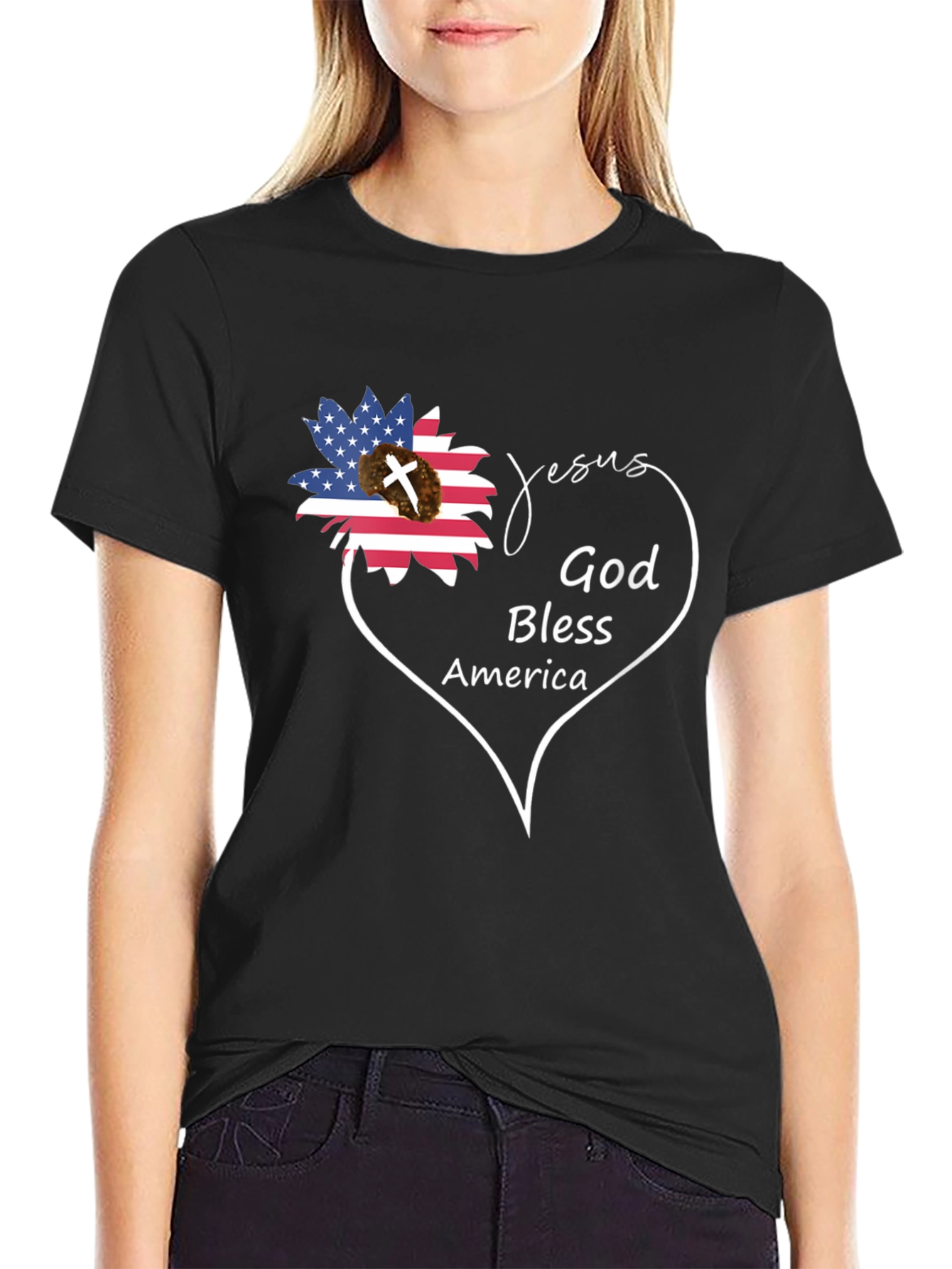 Jesus God Bless America Black Graphic T-Shirt