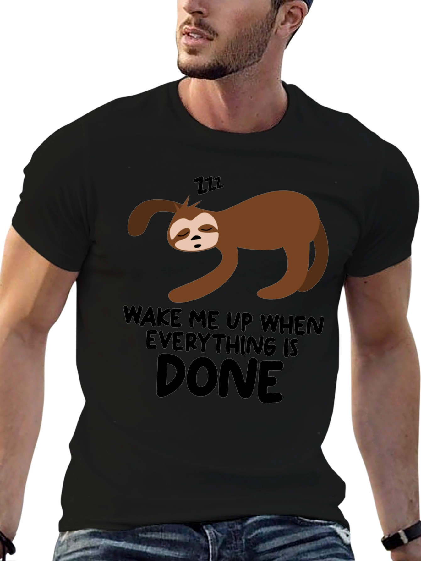 Lazy Sloth Wake Me Up When Done Black T-Shirt