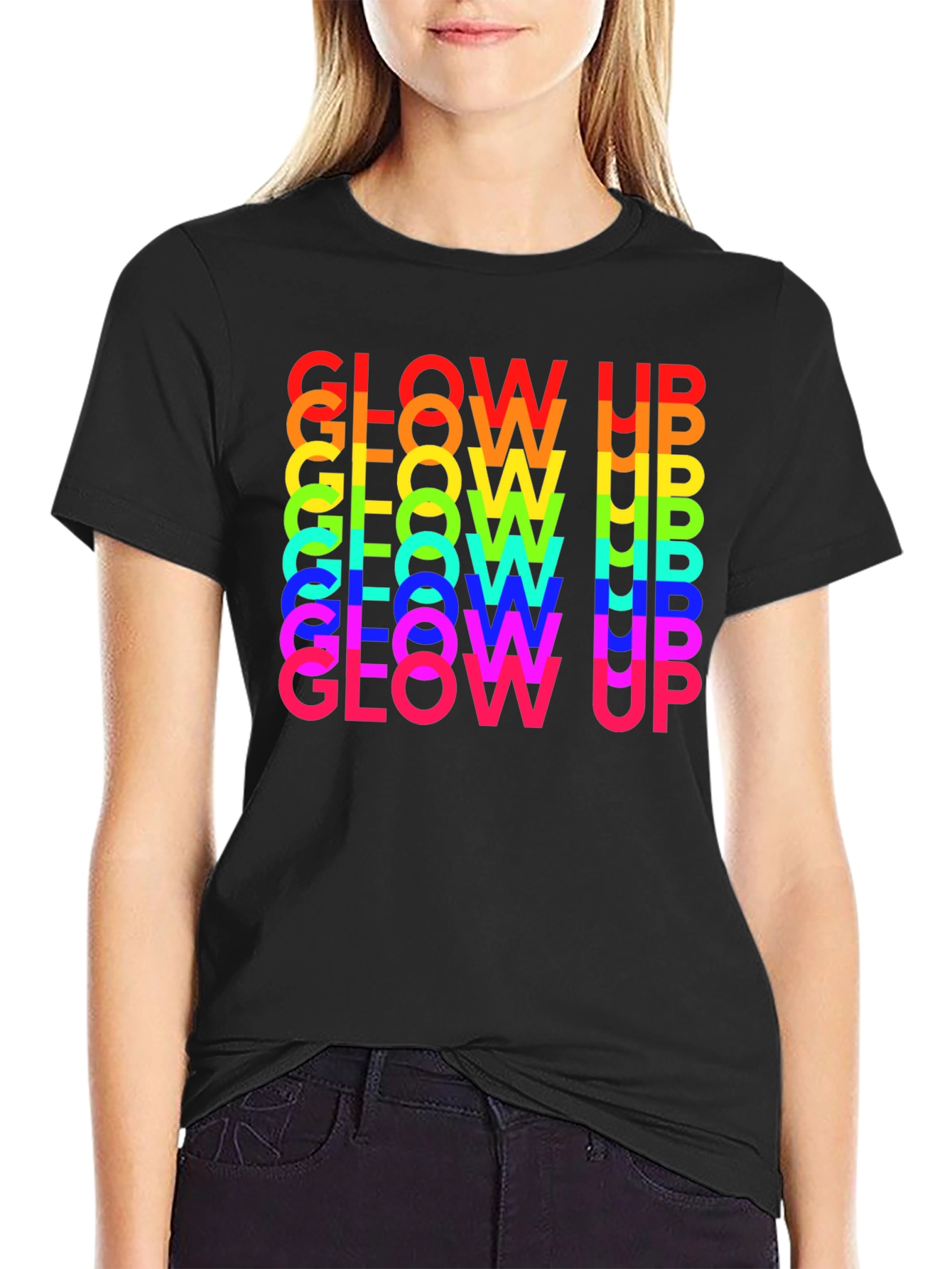 Glow Up Rainbow Text Graphic Tee - Black