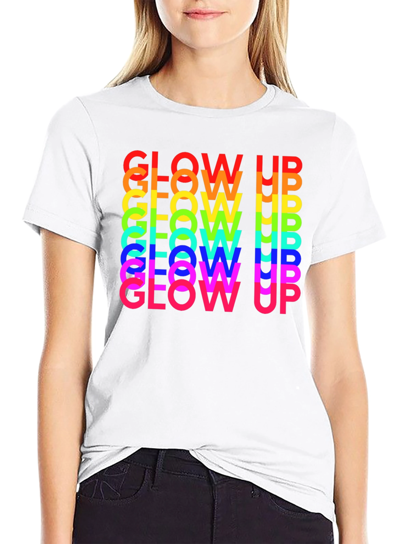 Glow Up Rainbow Text Graphic Tee - Black
