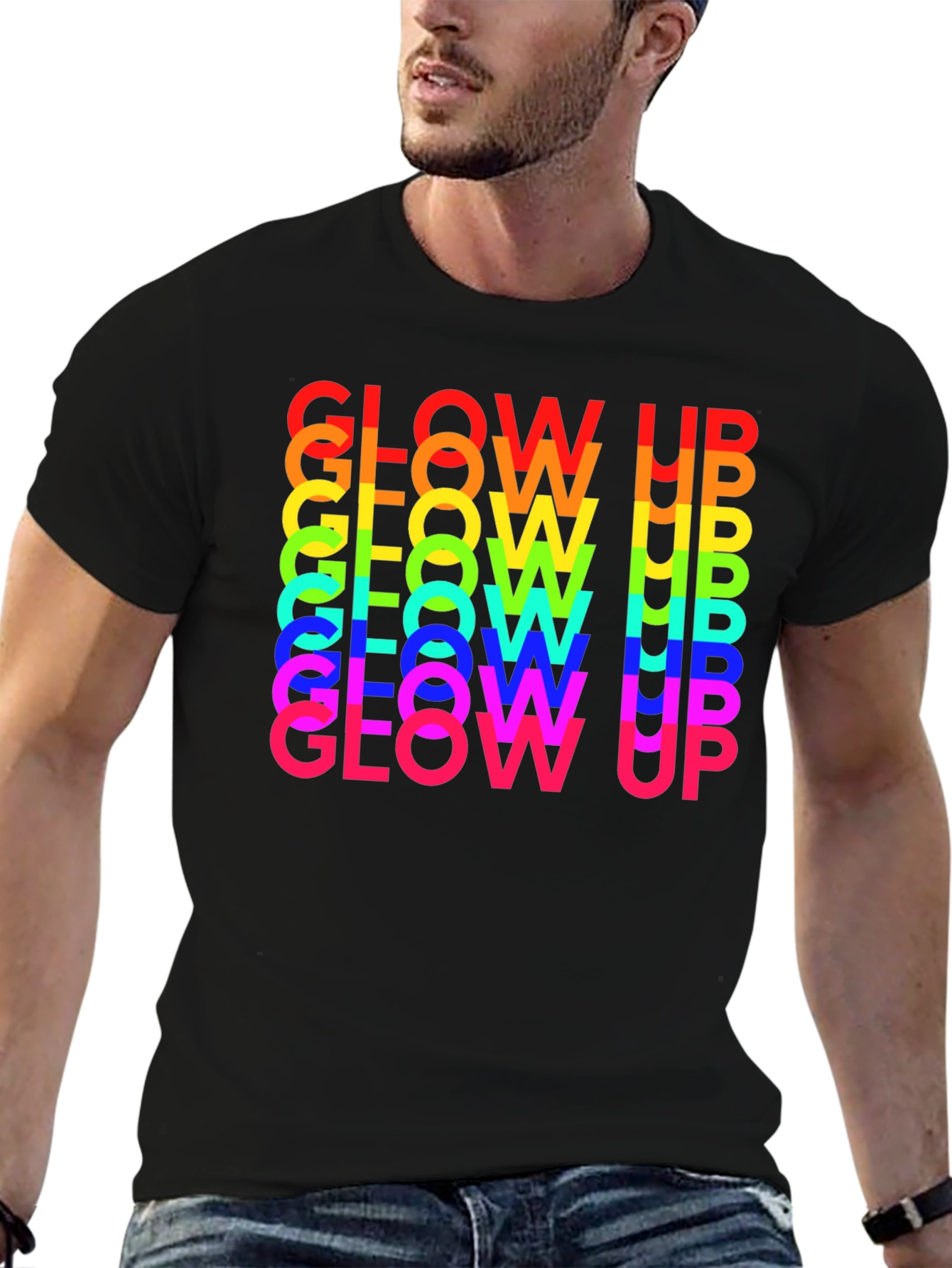 Glow Up Rainbow Text Graphic Tee - Black