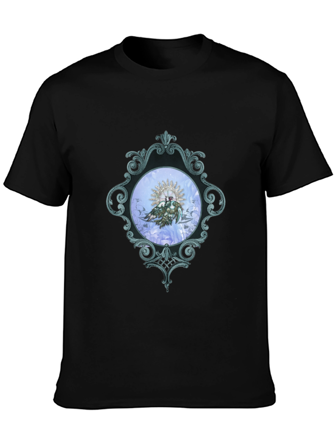 Ornate Framed Bird Graphic Black T-Shirt