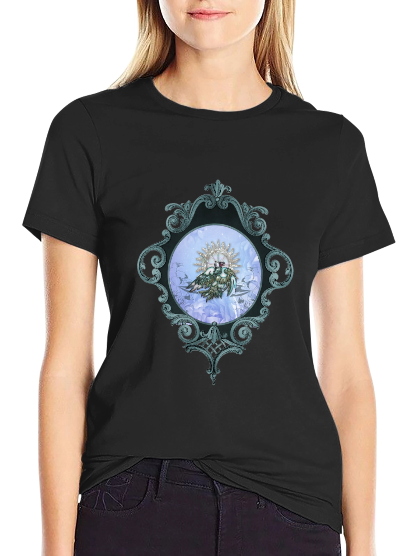 Ornate Framed Bird Graphic Black T-Shirt