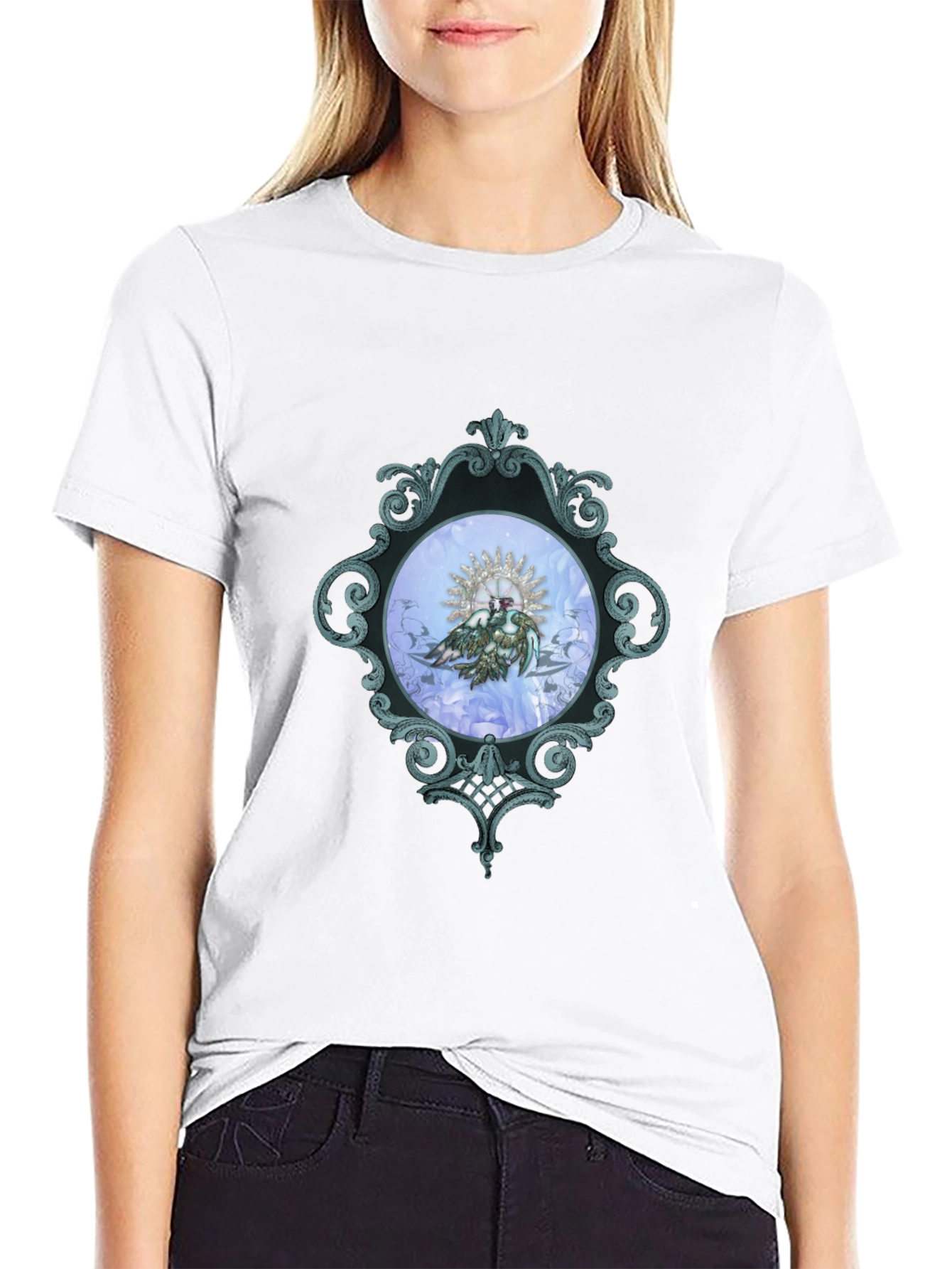 Ornate Framed Bird Graphic Black T-Shirt